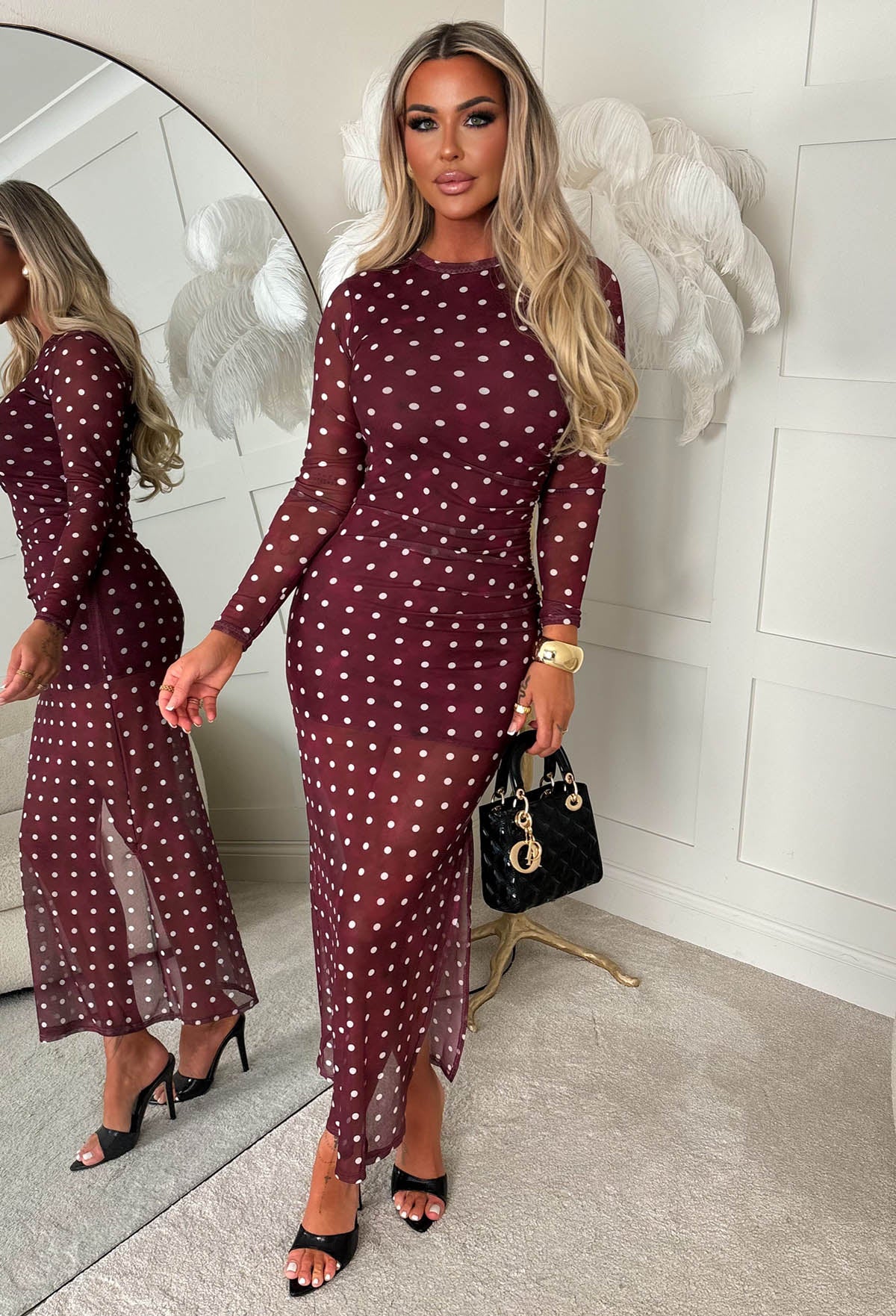 Venus Vibes Burgundy Spot Ruched Side Midi Dress