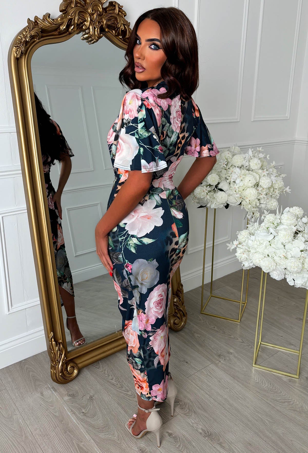 Venus Vibes Multi Floral Animal Print Ruched Midi Dress