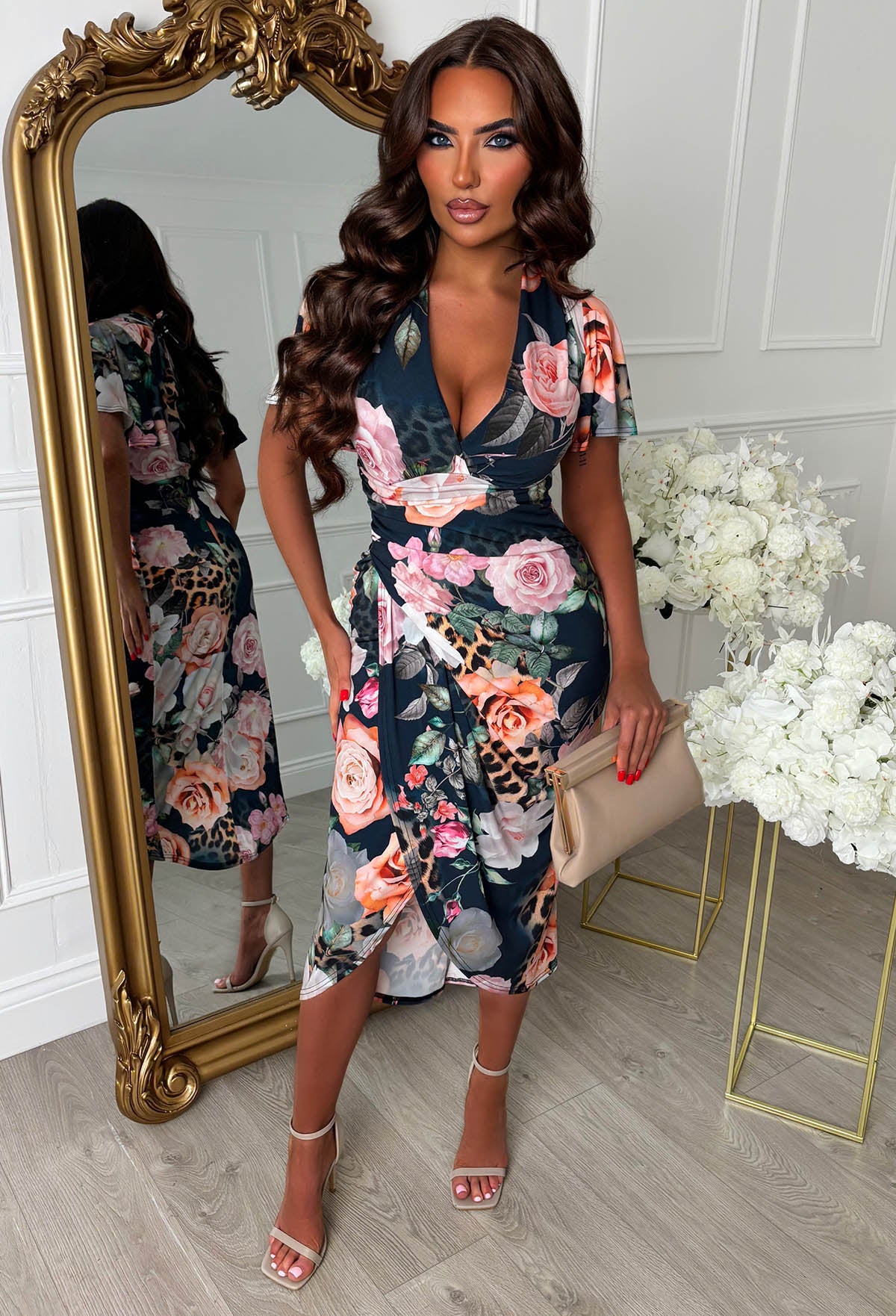 Venus Vibes Multi Floral Animal Print Ruched Midi Dress