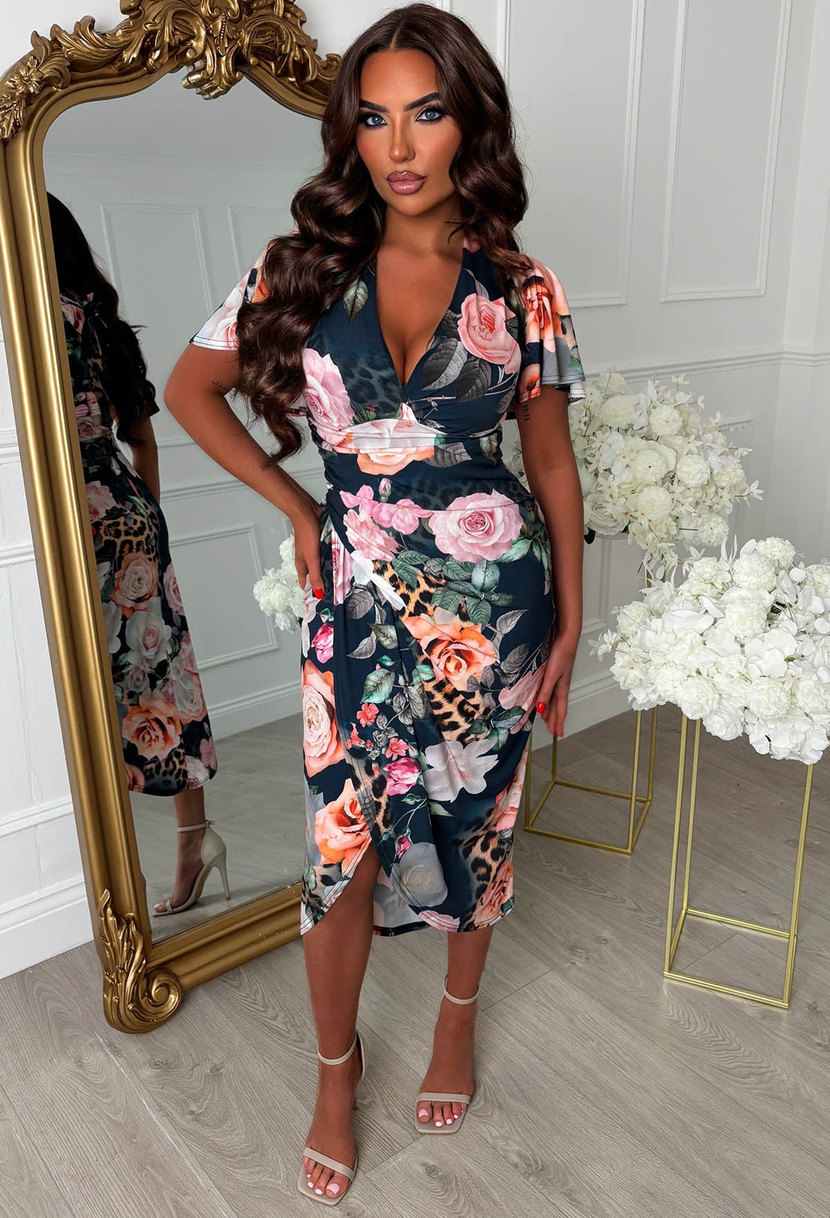 Venus Vibes Multi Floral Animal Print Ruched Midi Dress