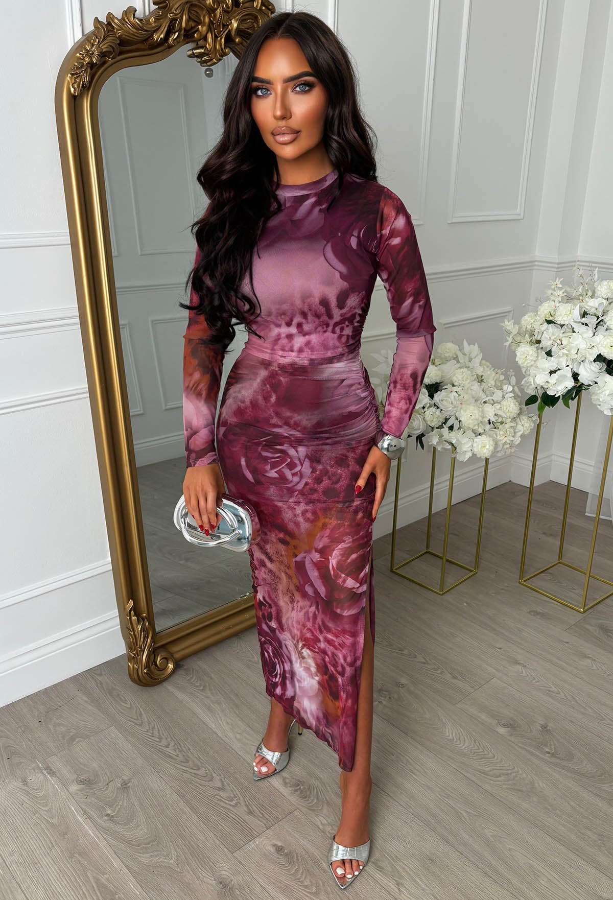 Venus Vibes Purple Rose Animal Print Ruched Long Sleeve Midi Dress