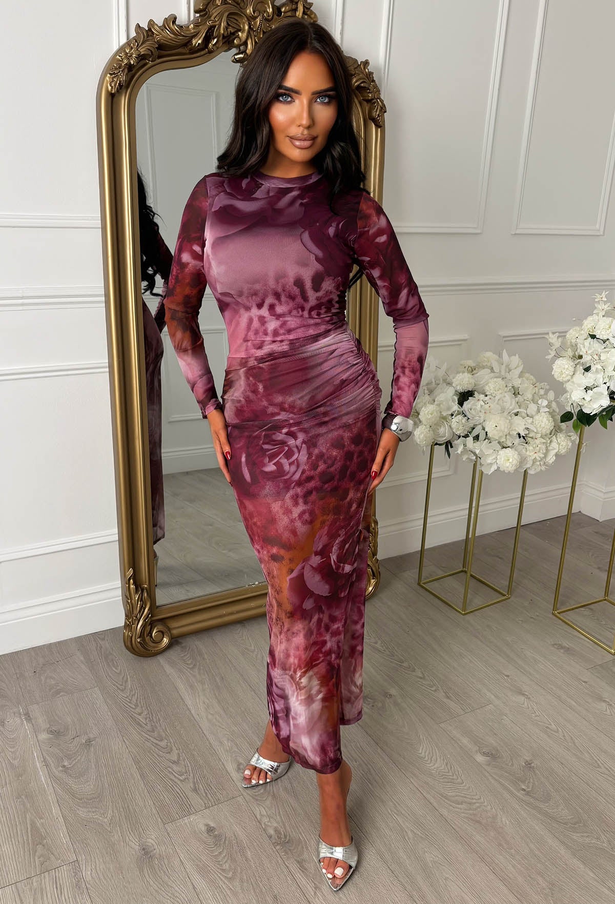 Venus Vibes Purple Rose Animal Print Ruched Long Sleeve Midi Dress