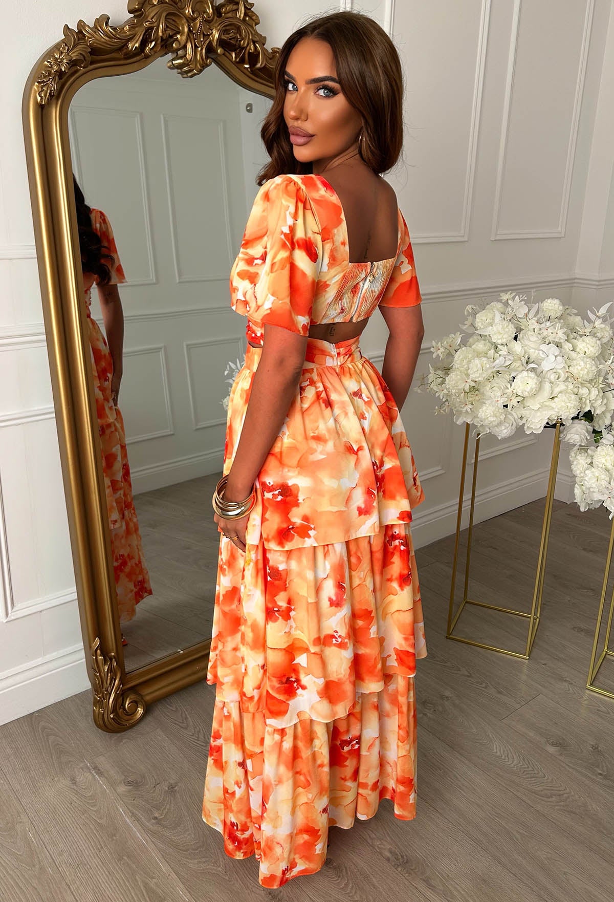 Vitamin Me Orange Abstract Print Short Sleeve Cut Out Maxi Dress