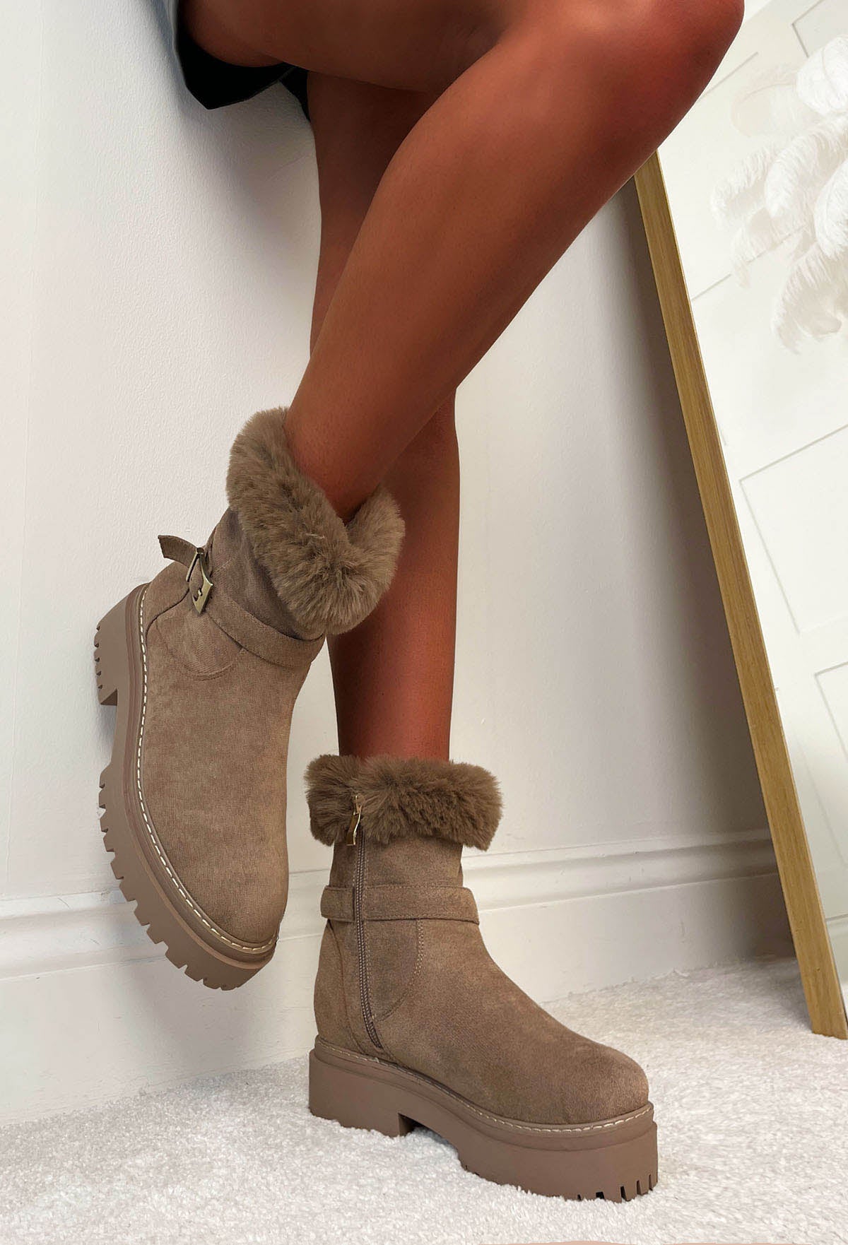 Walk On By Beige Faux Suede Chunky Strap Boots