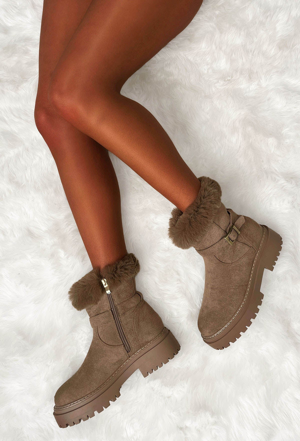 Walk On By Beige Faux Suede Chunky Strap Boots