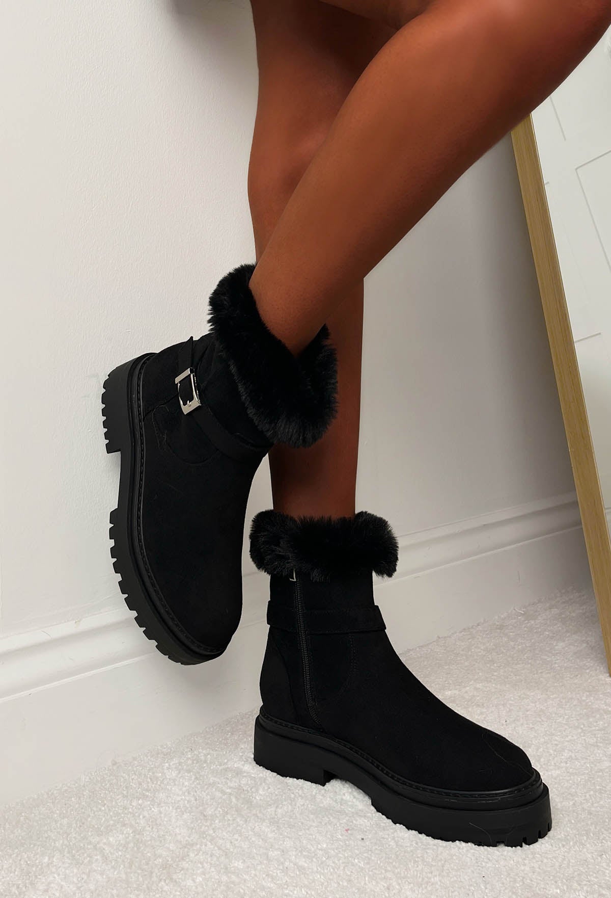 Walk On By Black Faux Suede Chunky Strap Boots