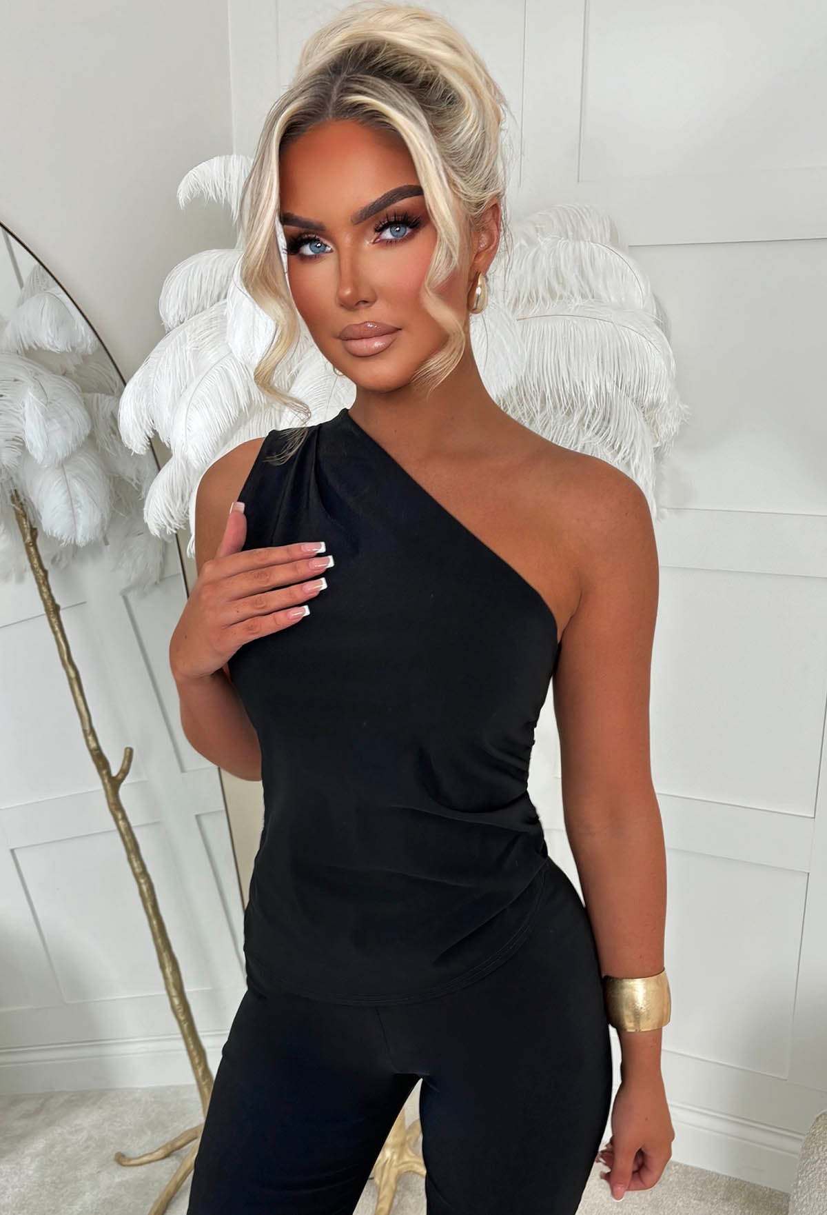 Want Her Black Bengaline One Shoulder Zip Up Top