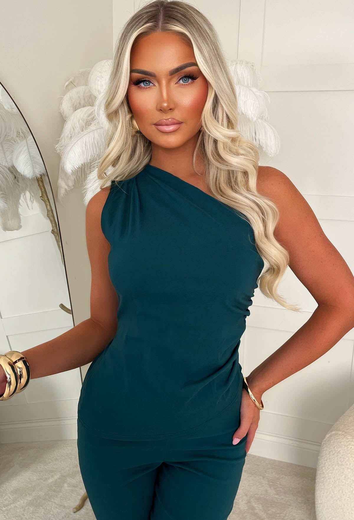 Want Her Teal Bengaline One Shoulder Zip Up Top