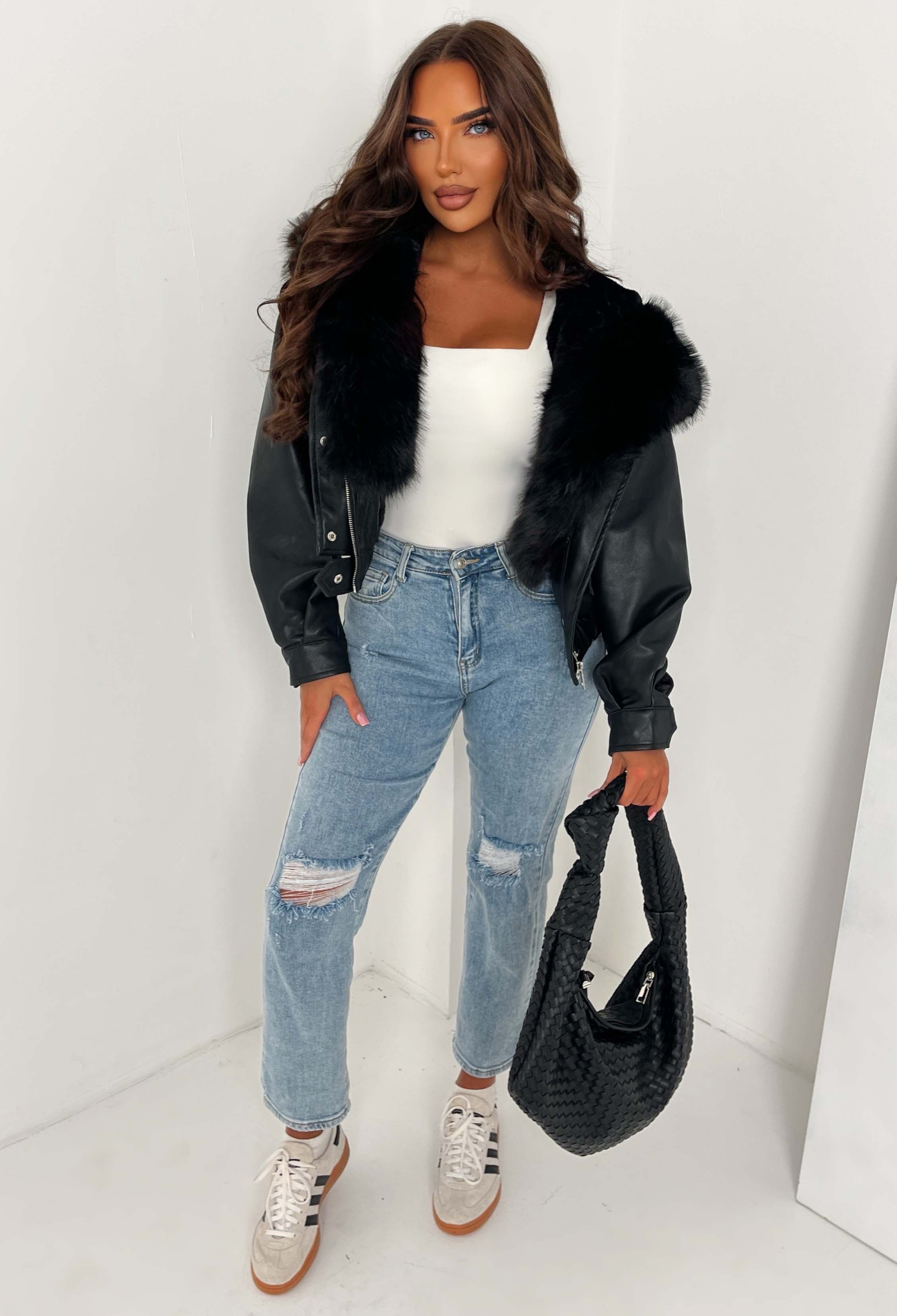 Warm Feelings Black Faux Fur Collared Faux Leather Jacket