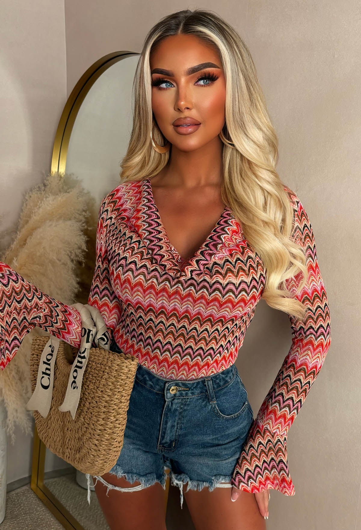 Wavy Obsession Pink Zig Zag Long Sleeve Cowl Neck Top