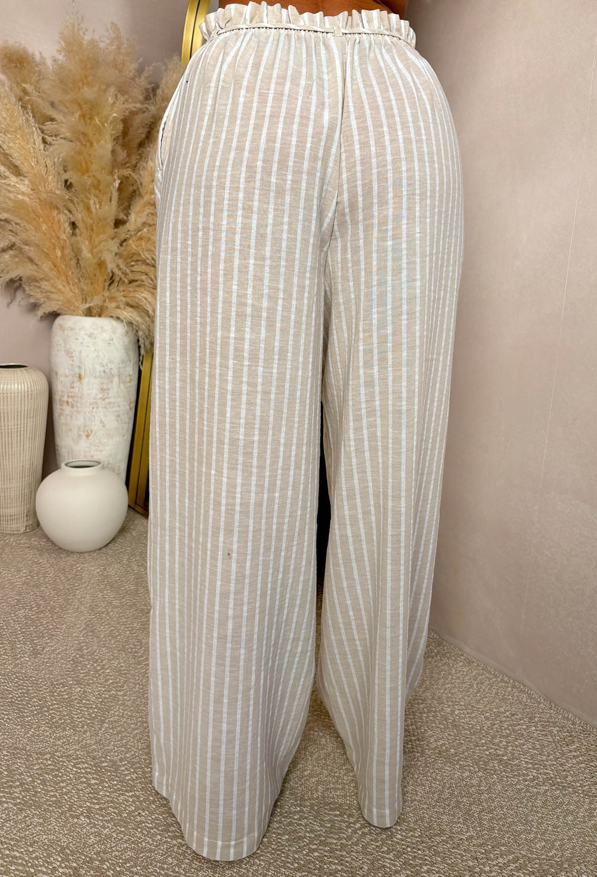 Way She Walks Beige Paperbag Striped Trousers