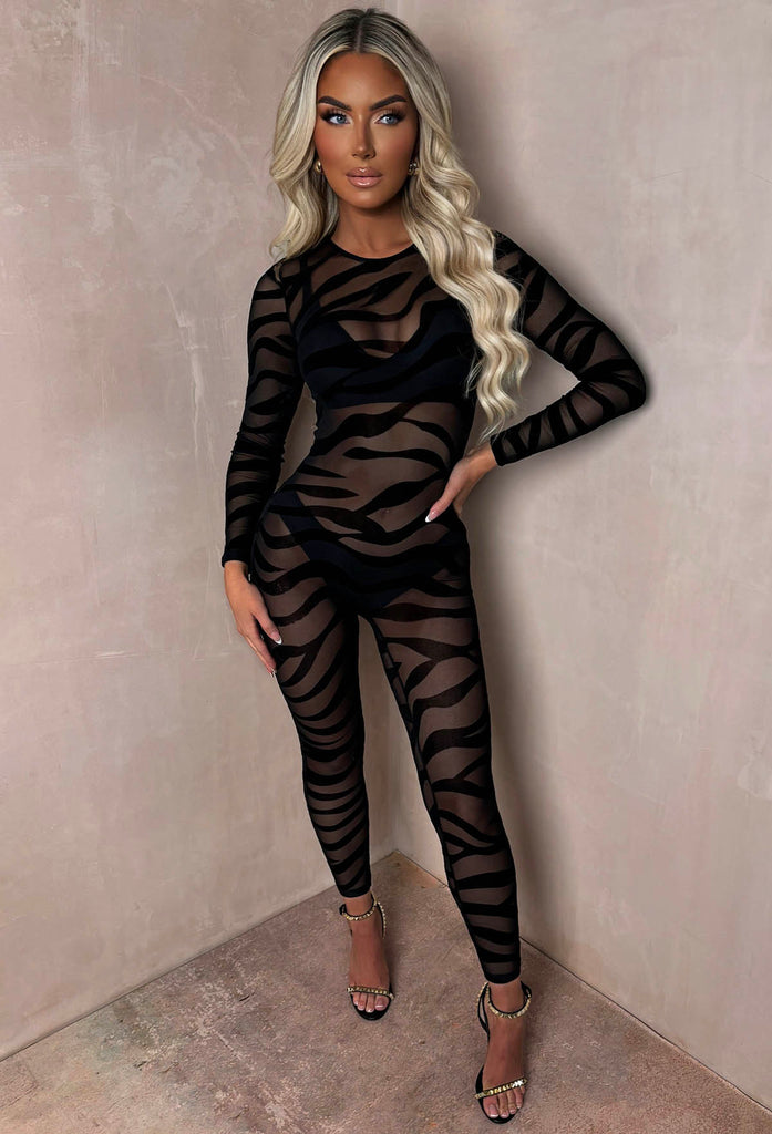 Way Too Wild Black Zebra Print Flock Mesh Long Sleeve Jumpsuit Pink