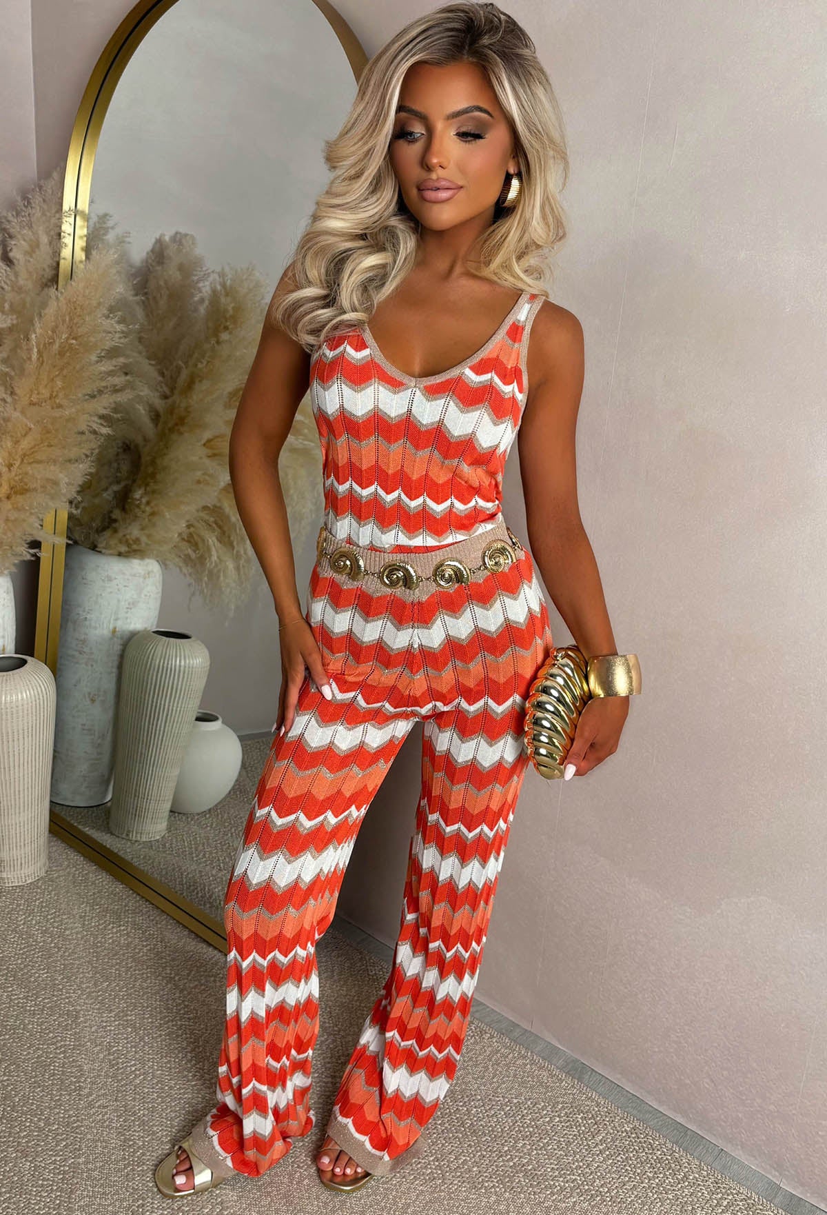 Whispering Sands Orange Knitted Zig Zag Vest Top And Trouser Co-Ord Set