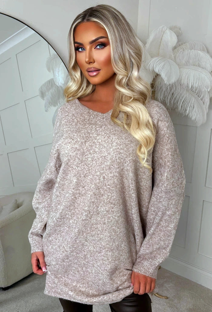 Wholesome Vibes Taupe Batwing Longline Jumper