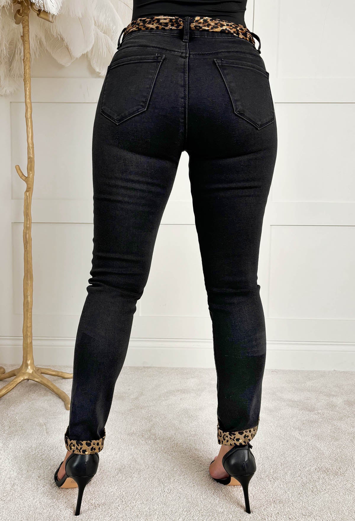 Wild & Chic Black Stretch Contrast Leopard Jeans