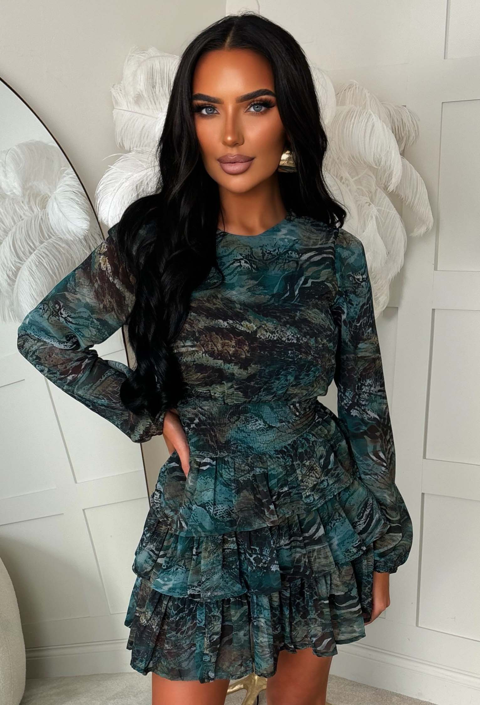 Wild Daydream Green Abstract Printed Shirred Waist Chiffon Ruffle Mini Dress