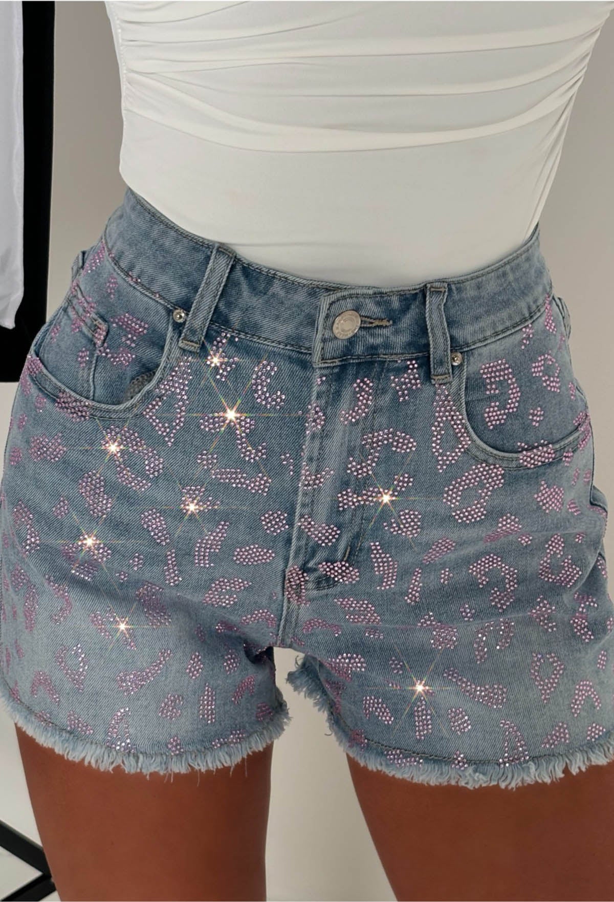 Mid Blue Stretch Denim Pink Hotfix Leopard Print Detail Shorts Close Up Details