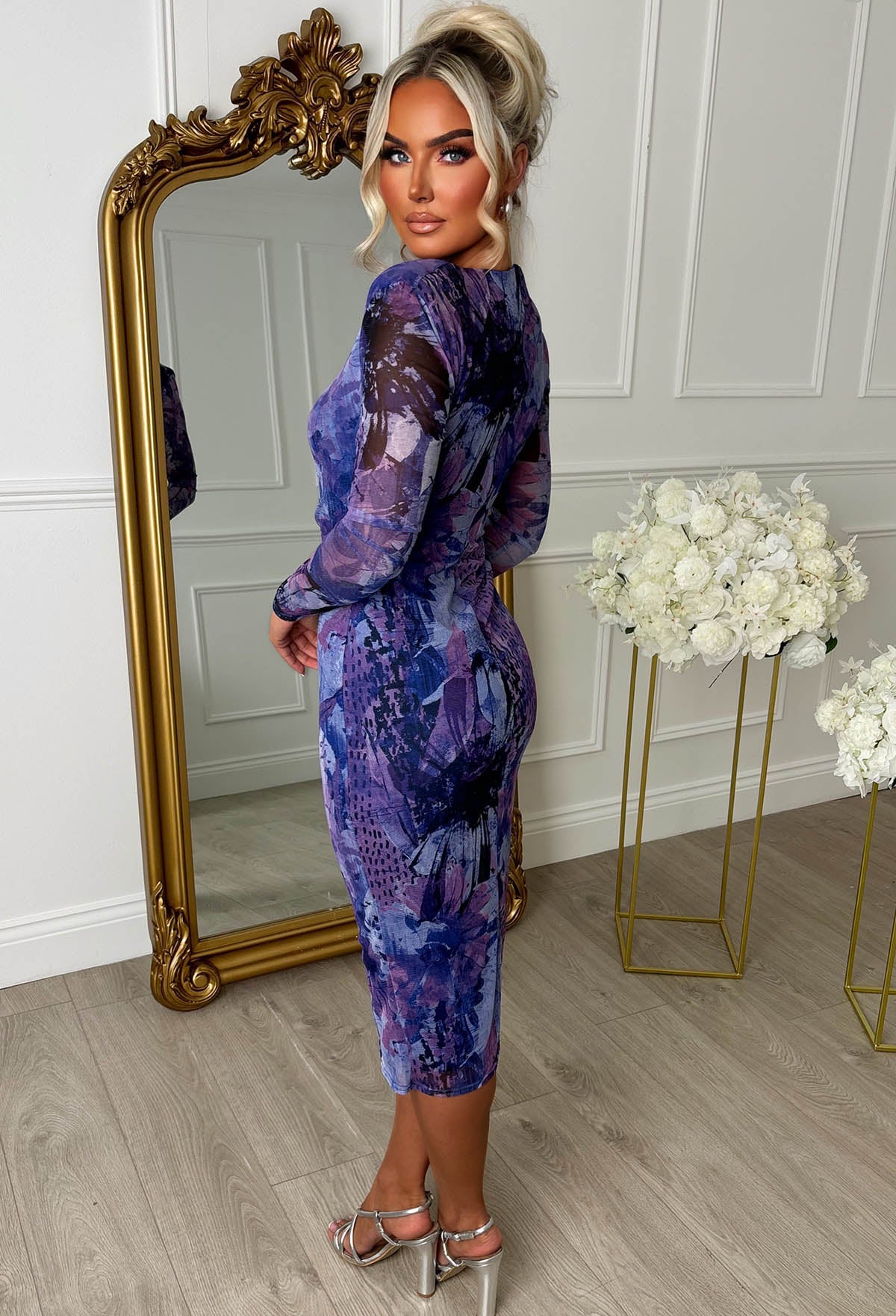 Wild & Demure Purple Mesh Long Sleeve Printed Midi Dress