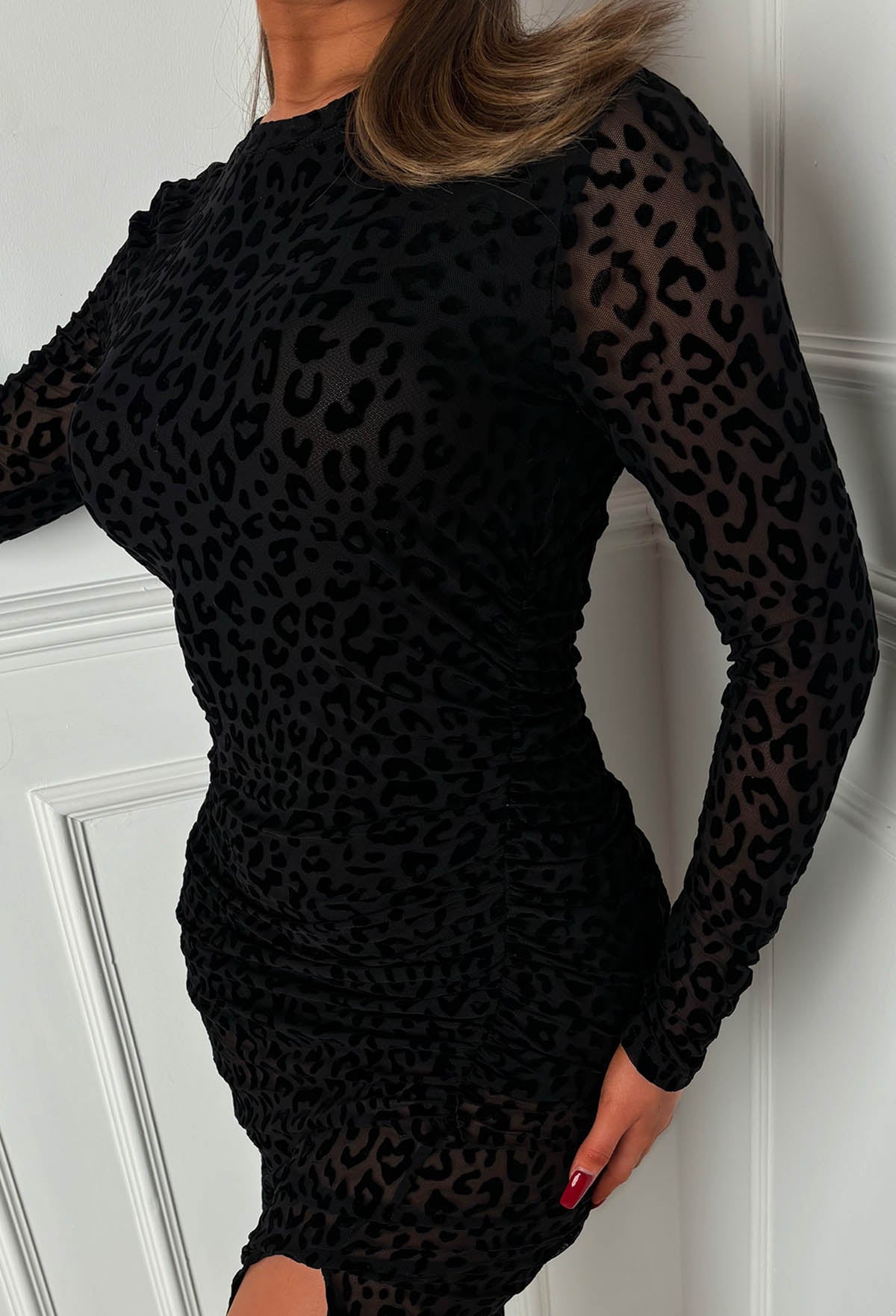 Wild Dreaming Black Flock Leopard Side Split Dress