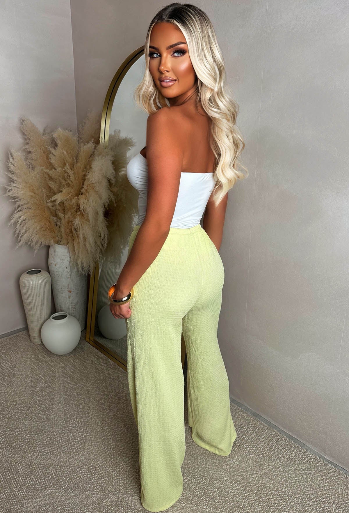 Wild Intentions Lemon Textured Drawstring Straight Leg Trousers