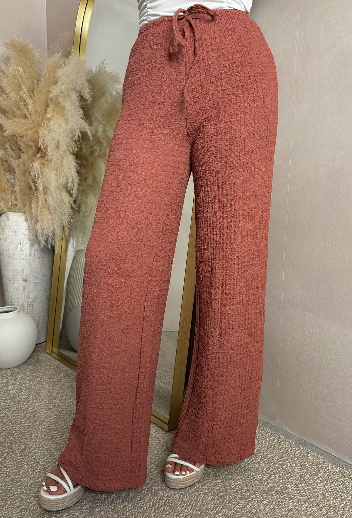 Wild Intentions Terracotta Textured Drawstring Straight Leg Trousers