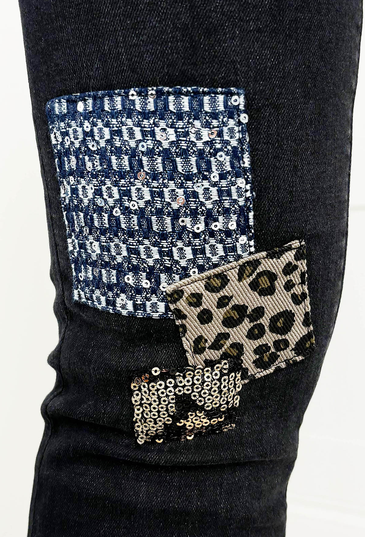 Wild Patch Black Stretch Sequin Patchwork Leopard Jeans