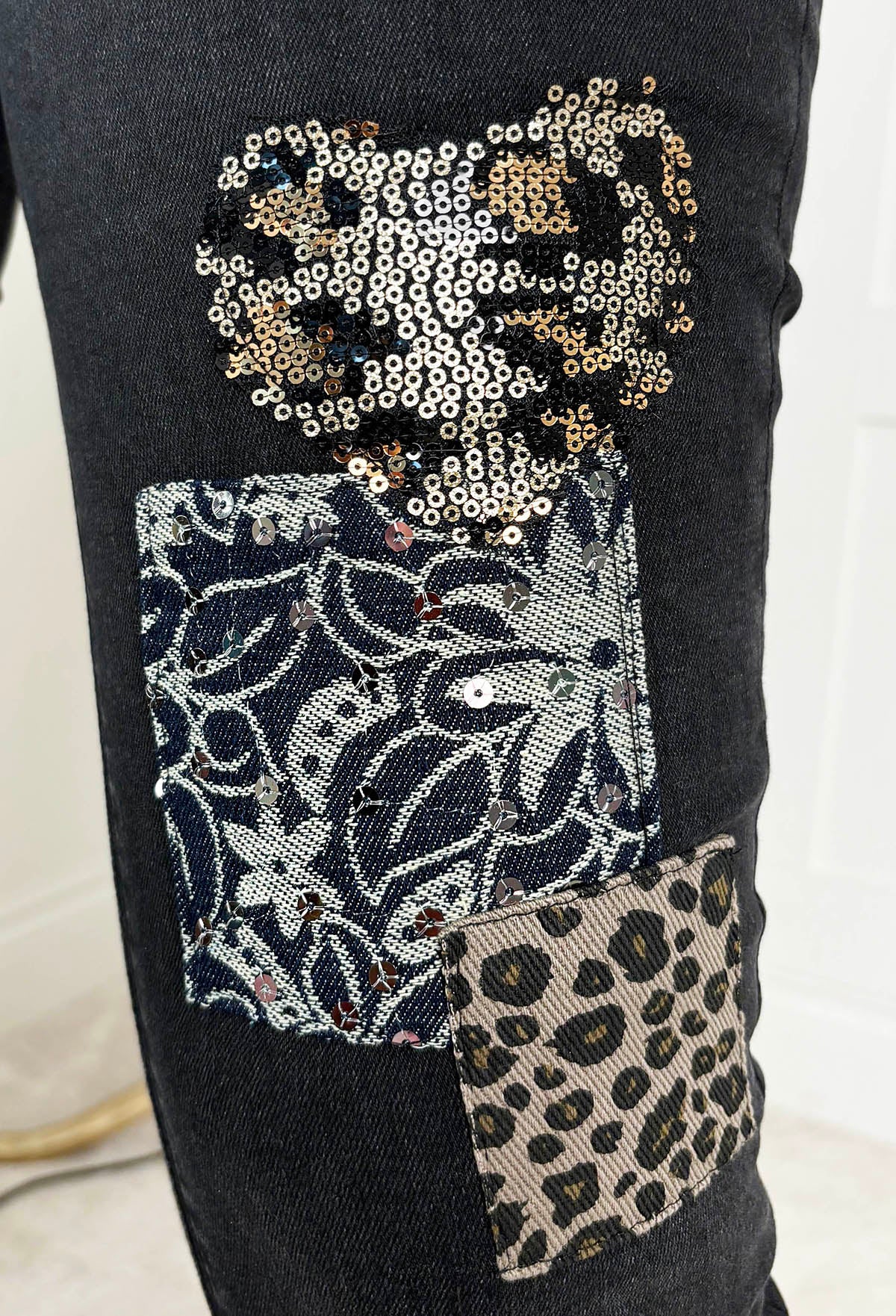 Wild Patch Black Stretch Sequin Patchwork Leopard Jeans
