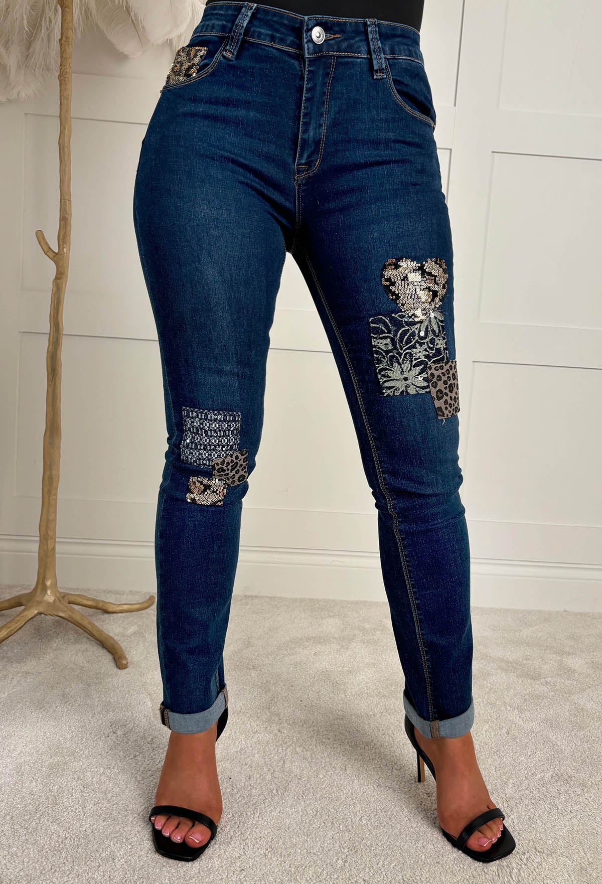 Wild Patch Dark Blue Stretch Sequin Patchwork Leopard Jeans