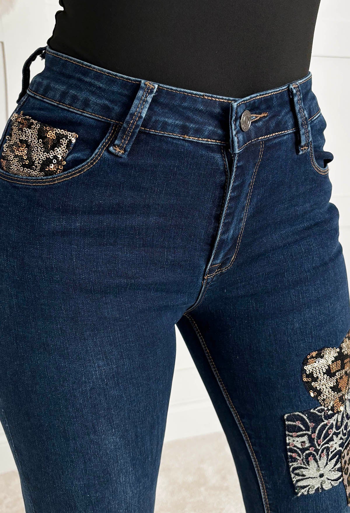 Wild Patch Dark Blue Stretch Sequin Patchwork Leopard Jeans