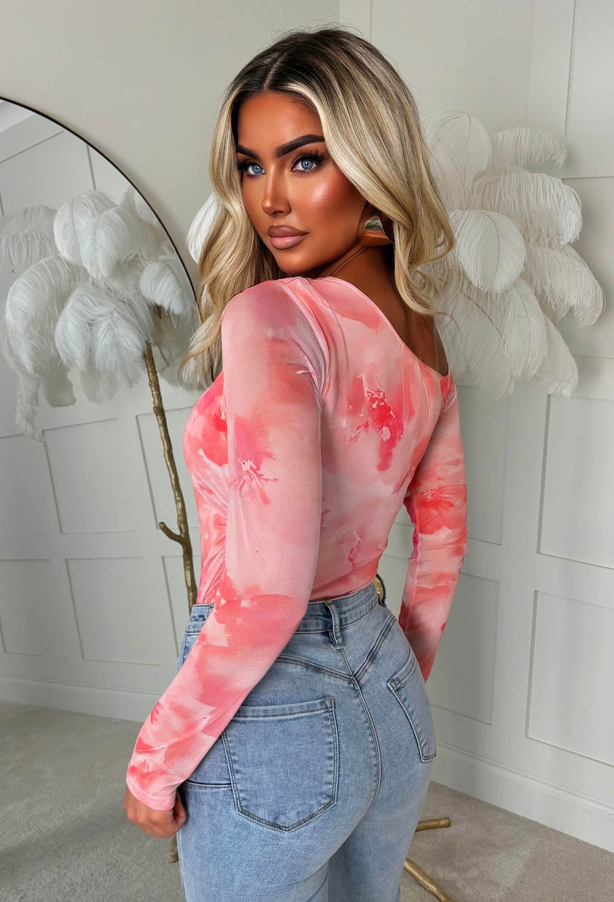 Wild Rush Pink Marble Ruched Side Off Shoulder Mesh Top