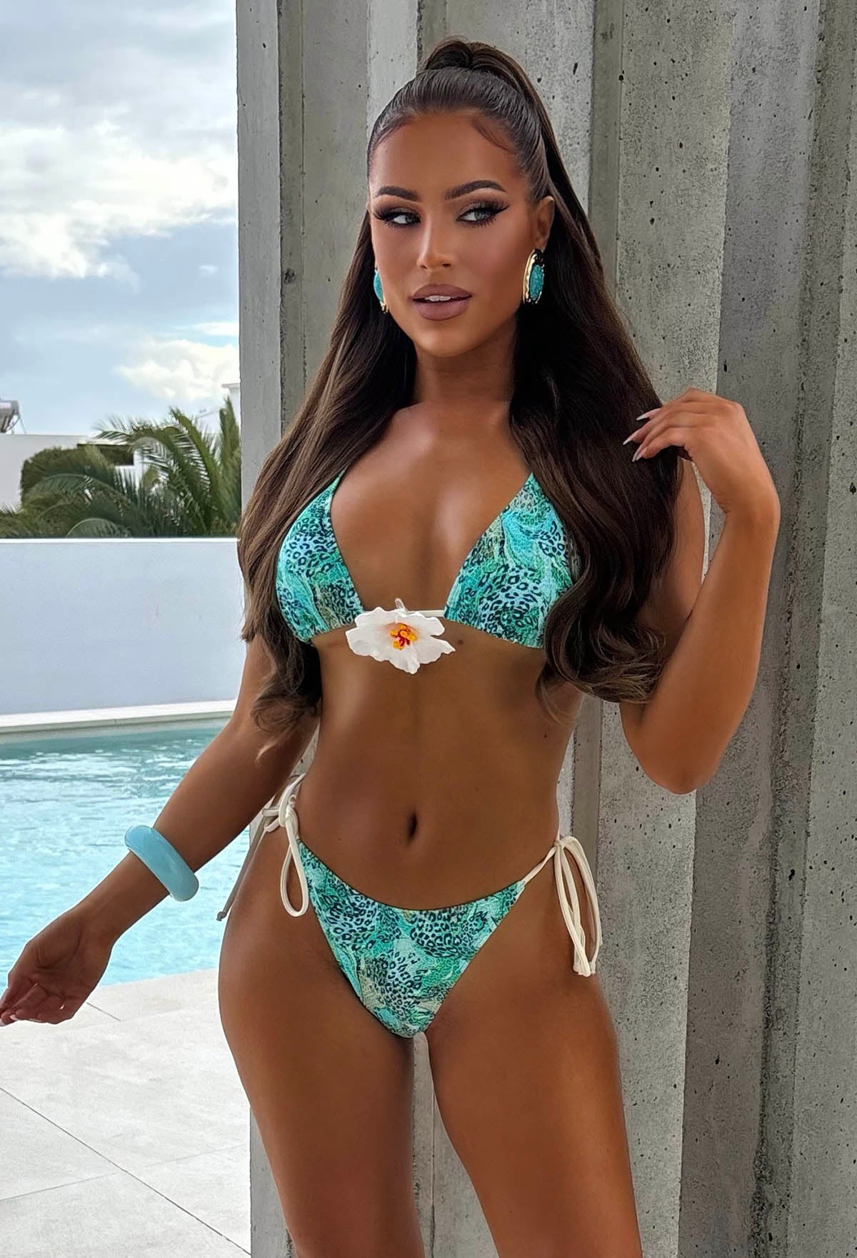 Wild Waves Aqua Leopard Tropical Flower Triangle Bikini