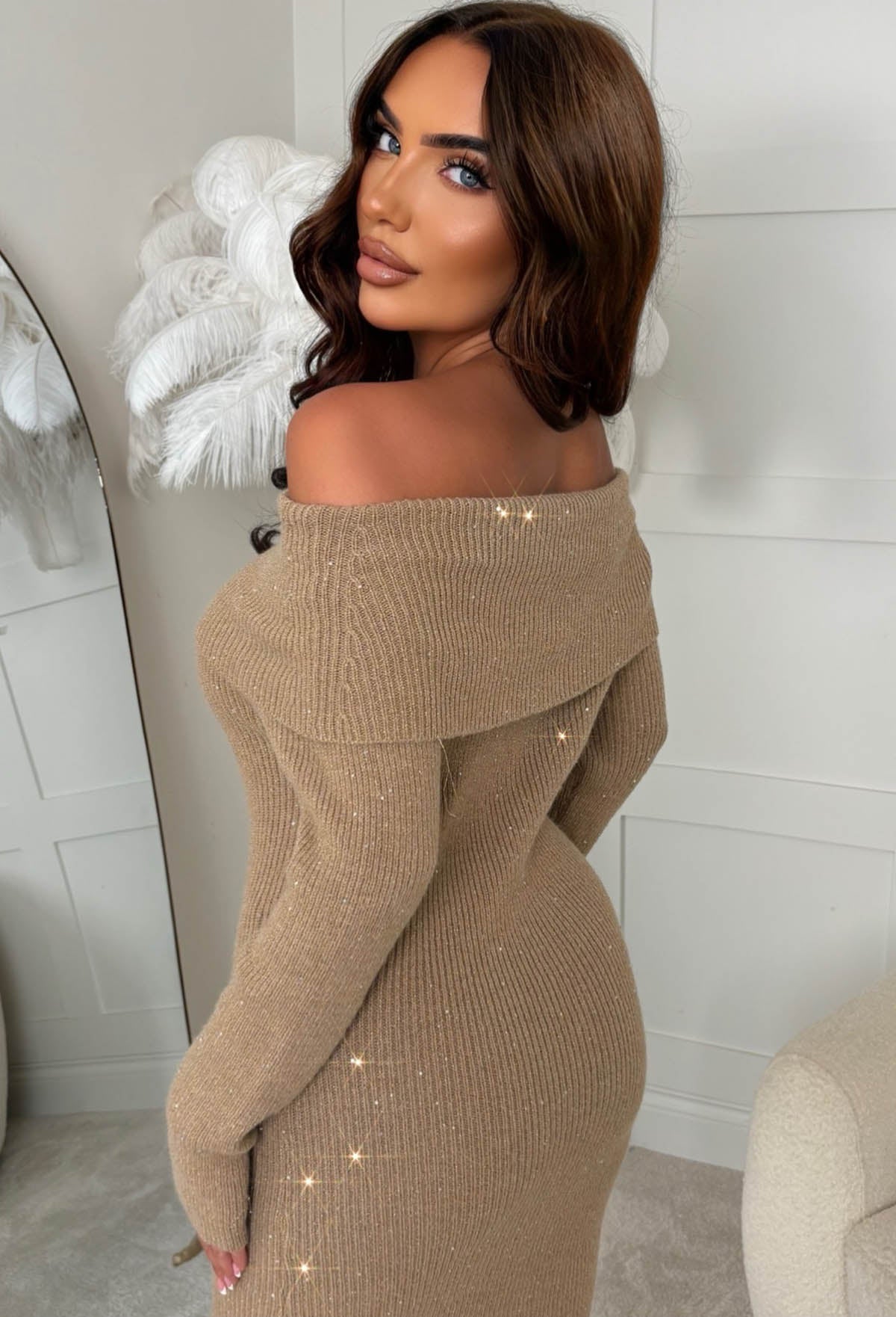 Wild Whisper Beige Sequin Knitted Bardot Midaxi Dress With Leg Split