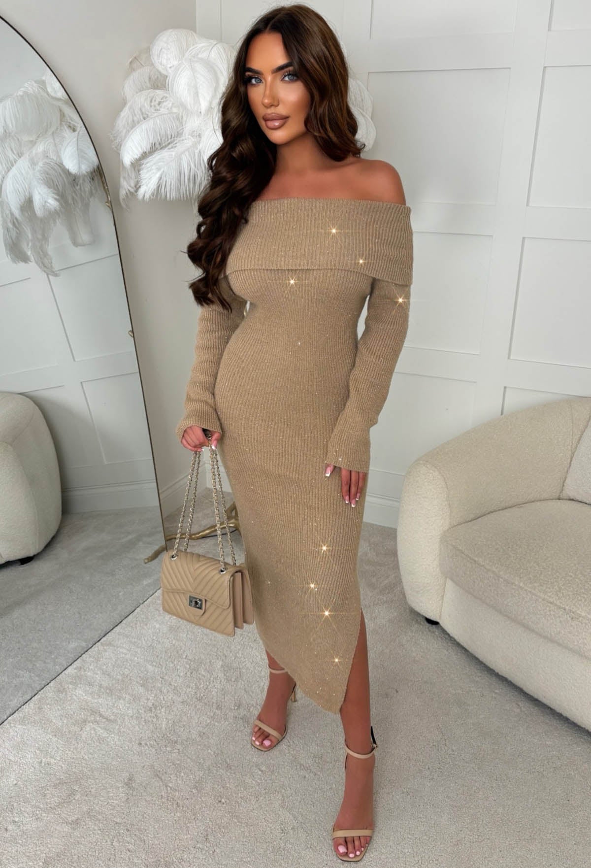 Wild Whisper Beige Sequin Knitted Bardot Midaxi Dress With Leg Split