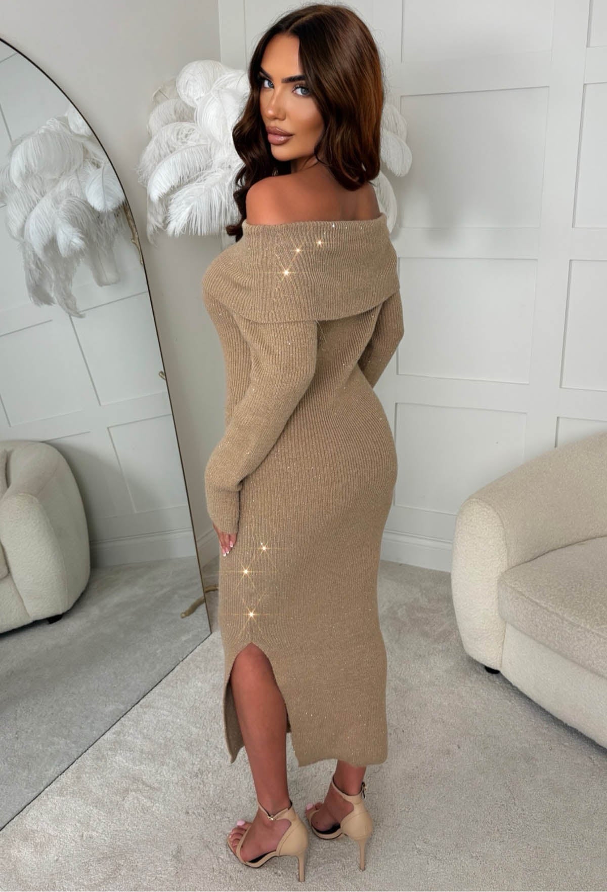 Wild Whisper Beige Sequin Knitted Bardot Midaxi Dress With Leg Split