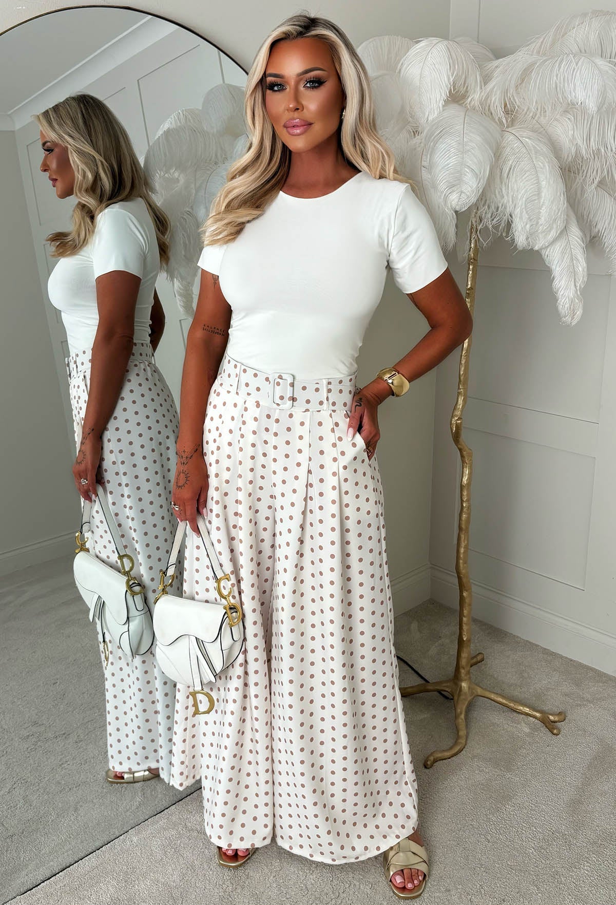 Willow Cream Polka Dot Wide Leg Belted Trousers