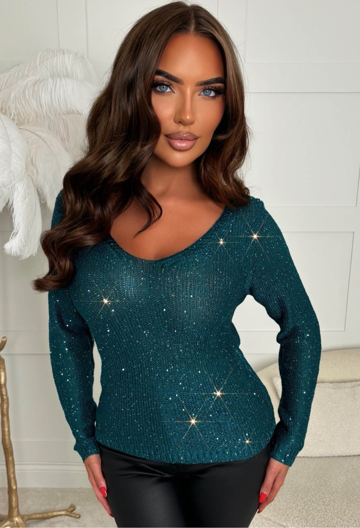With Love Always Green Sequin Knit V-neck Jumper