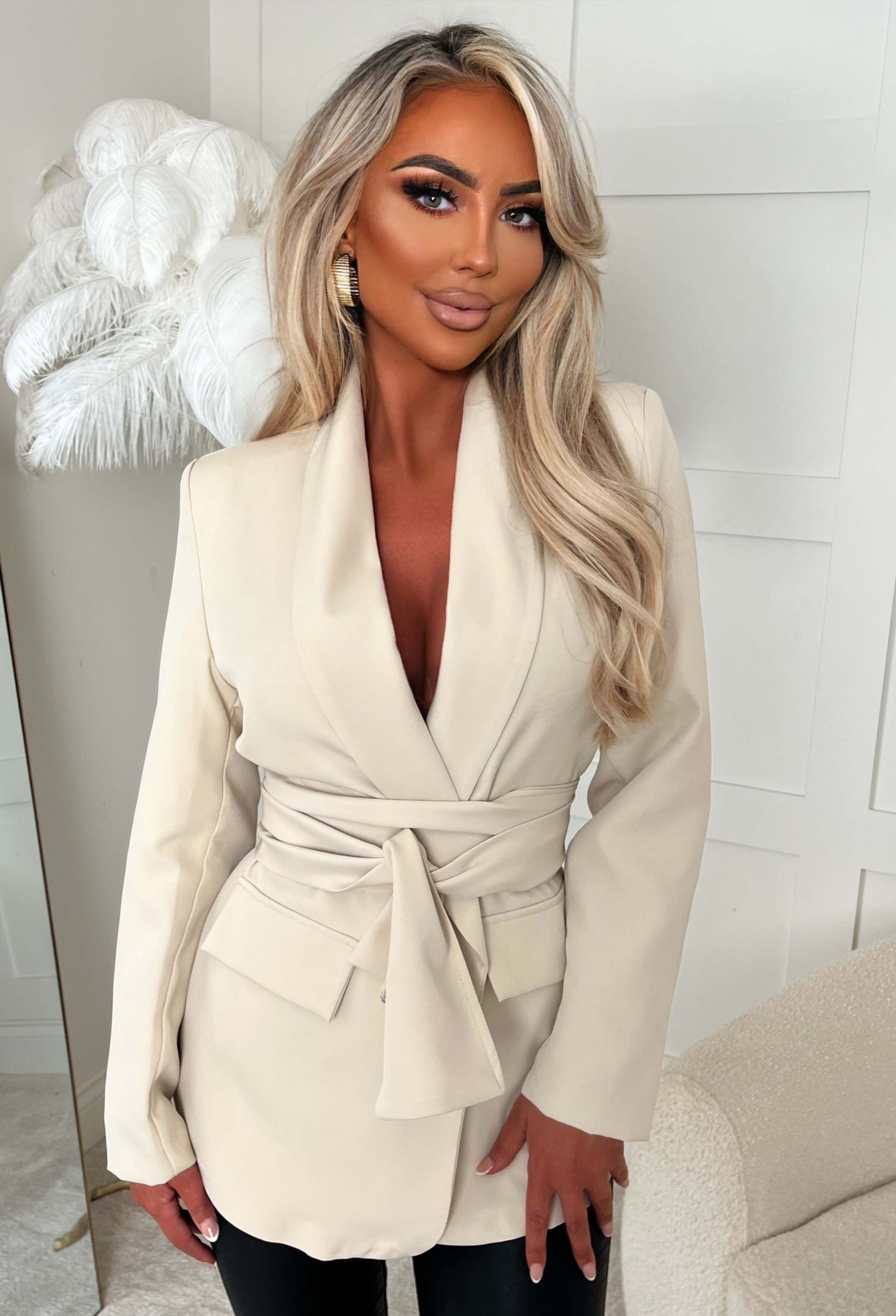 cream belted blazer dress Helsa Cream Belted Blazer Dress by Helsa
