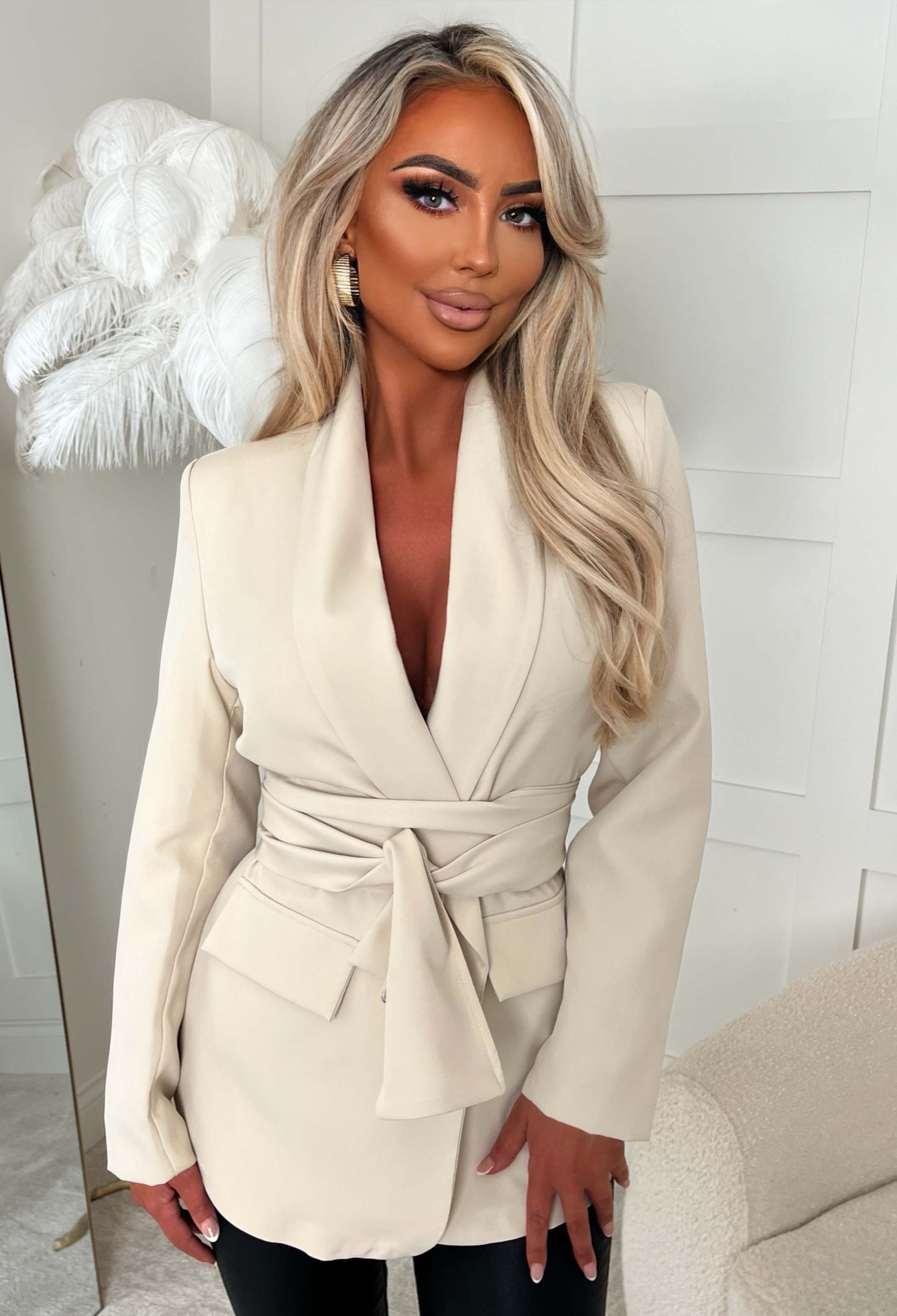 Wrapped In Wow Cream Belted Detail Blazer