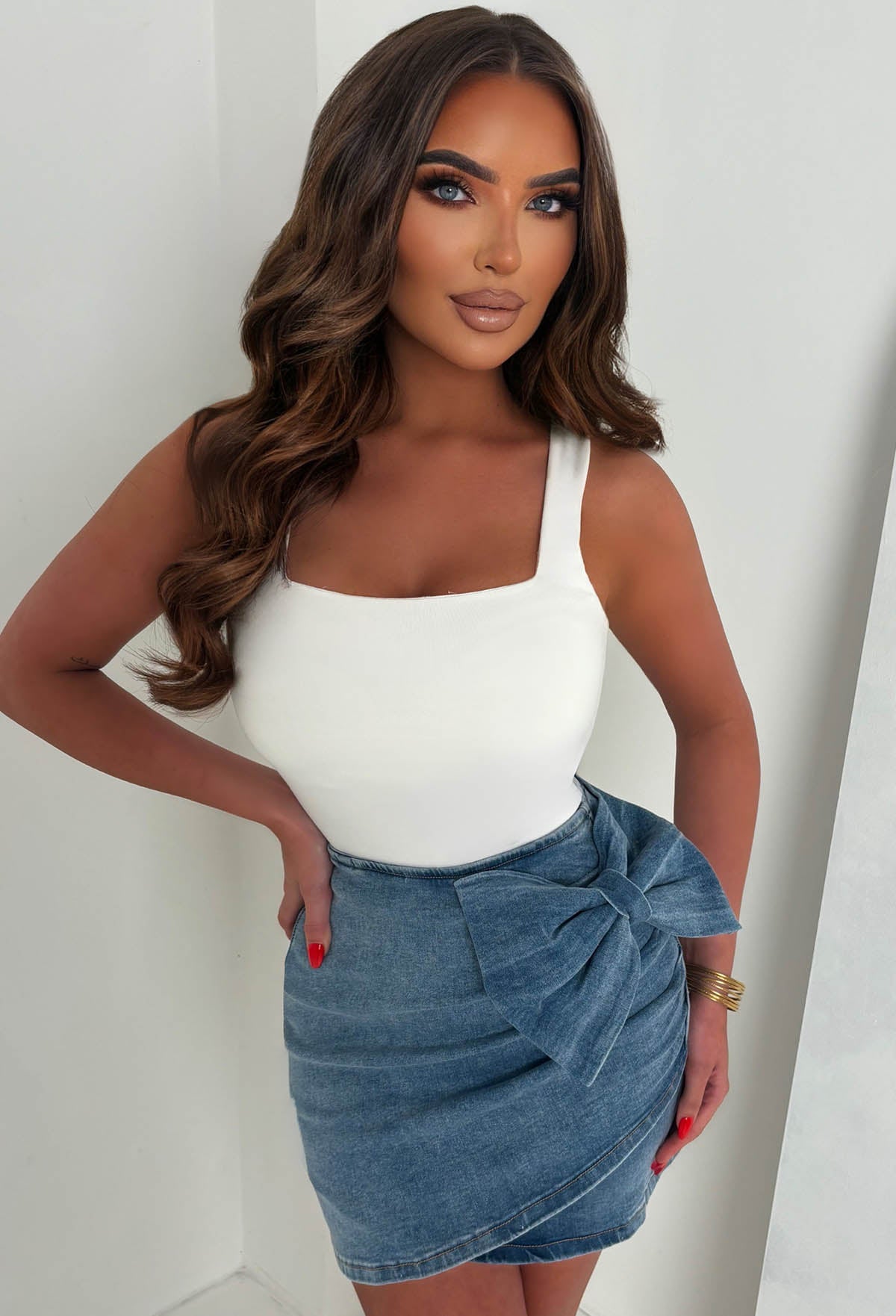 You Beauty Mid Wash Stretch Denim Bow Skirt