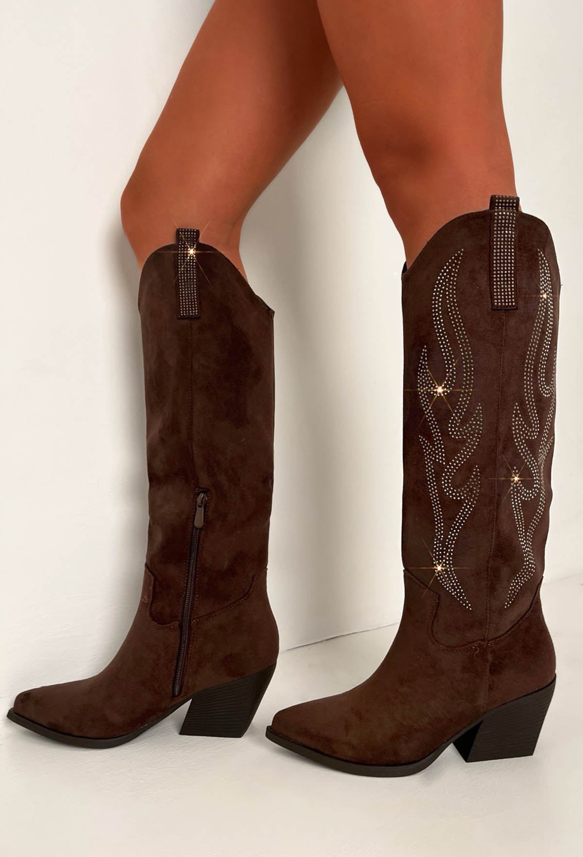 You Queen Brown Faux Suede Knee High Cowboy Boots