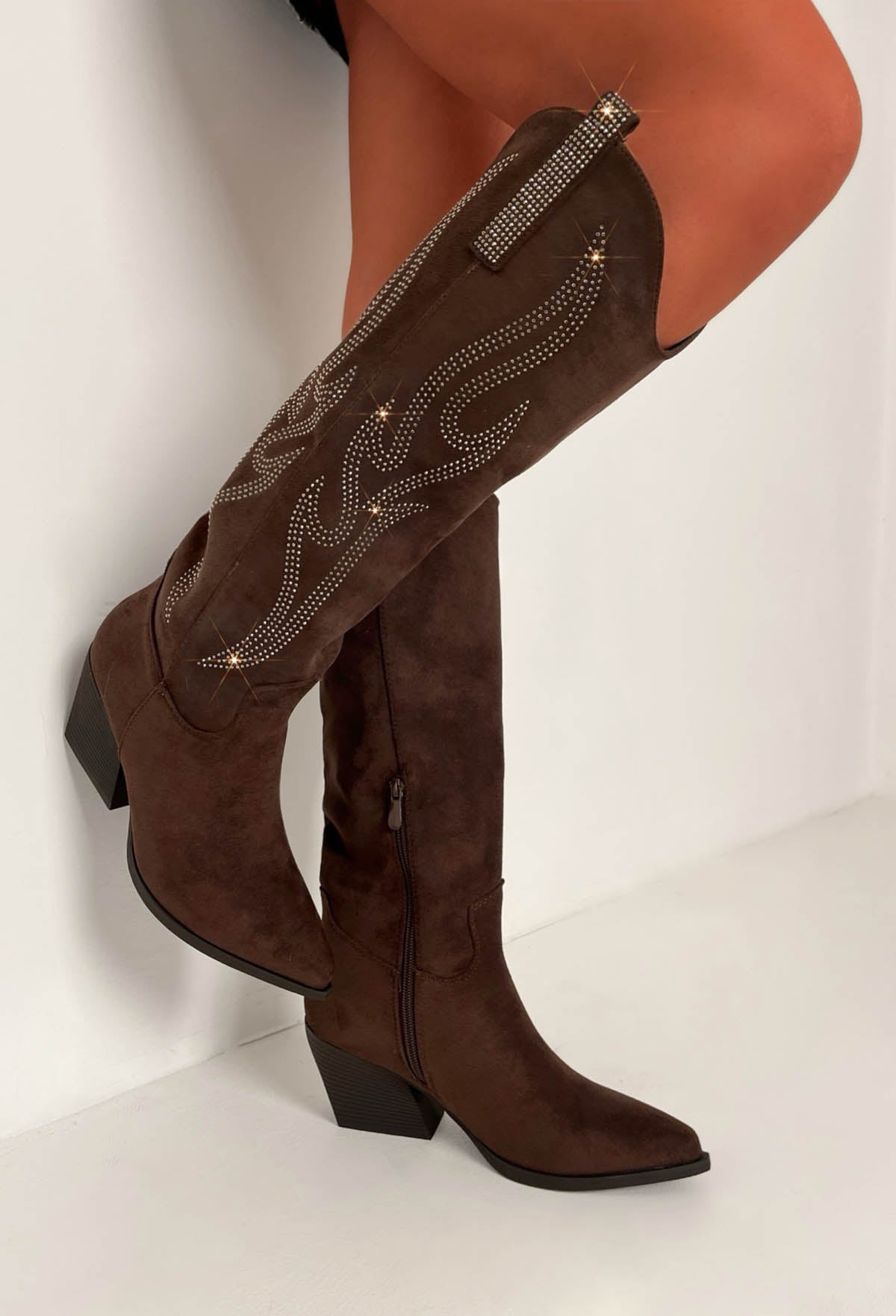 You Queen Brown Faux Suede Knee High Cowboy Boots Pink Boutique