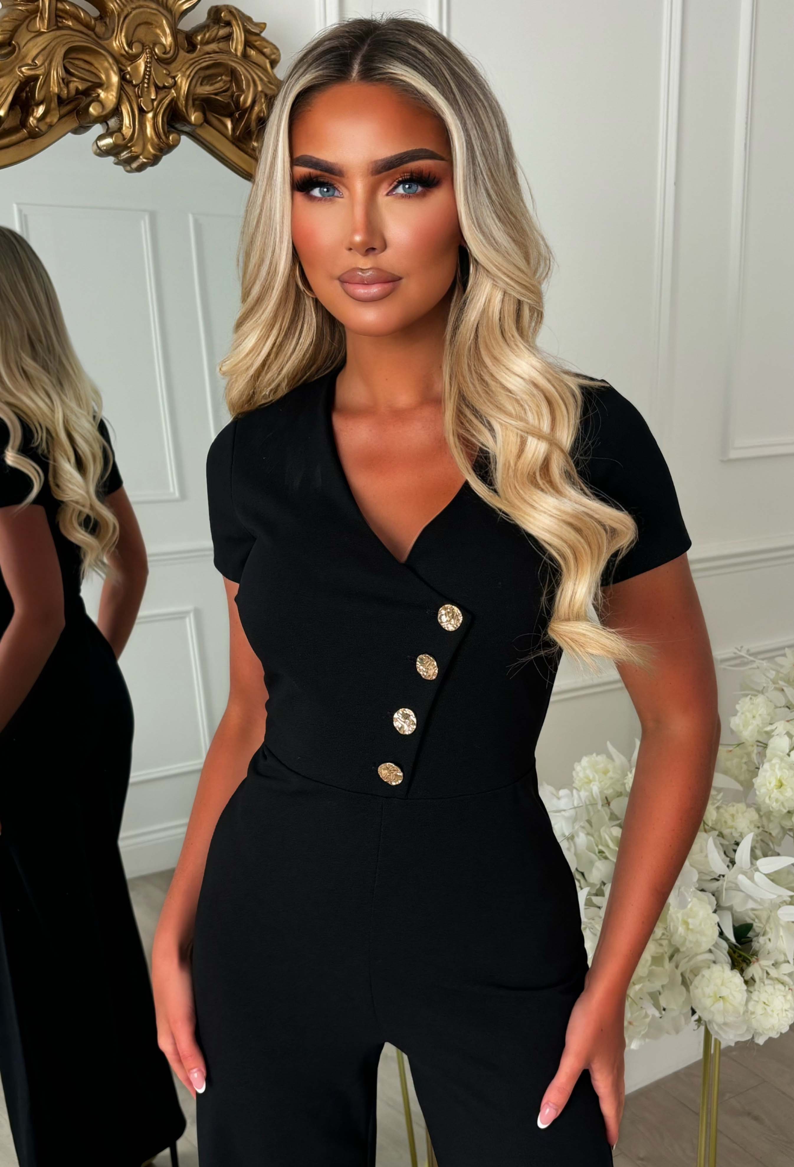 You Slay Girl Black Gold Button Short Sleeve Jumpsuit