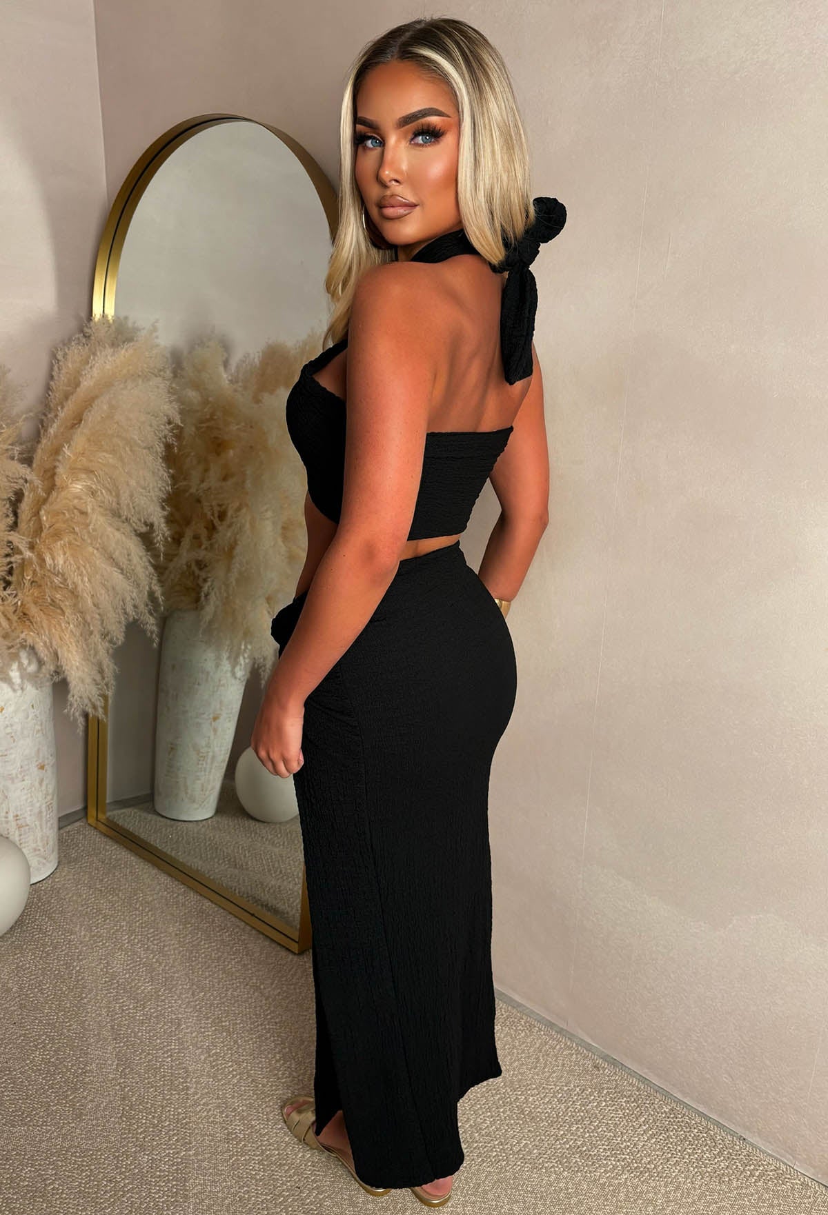 You're My Paradise Black Crinkle Detail Halter Co-ord Set