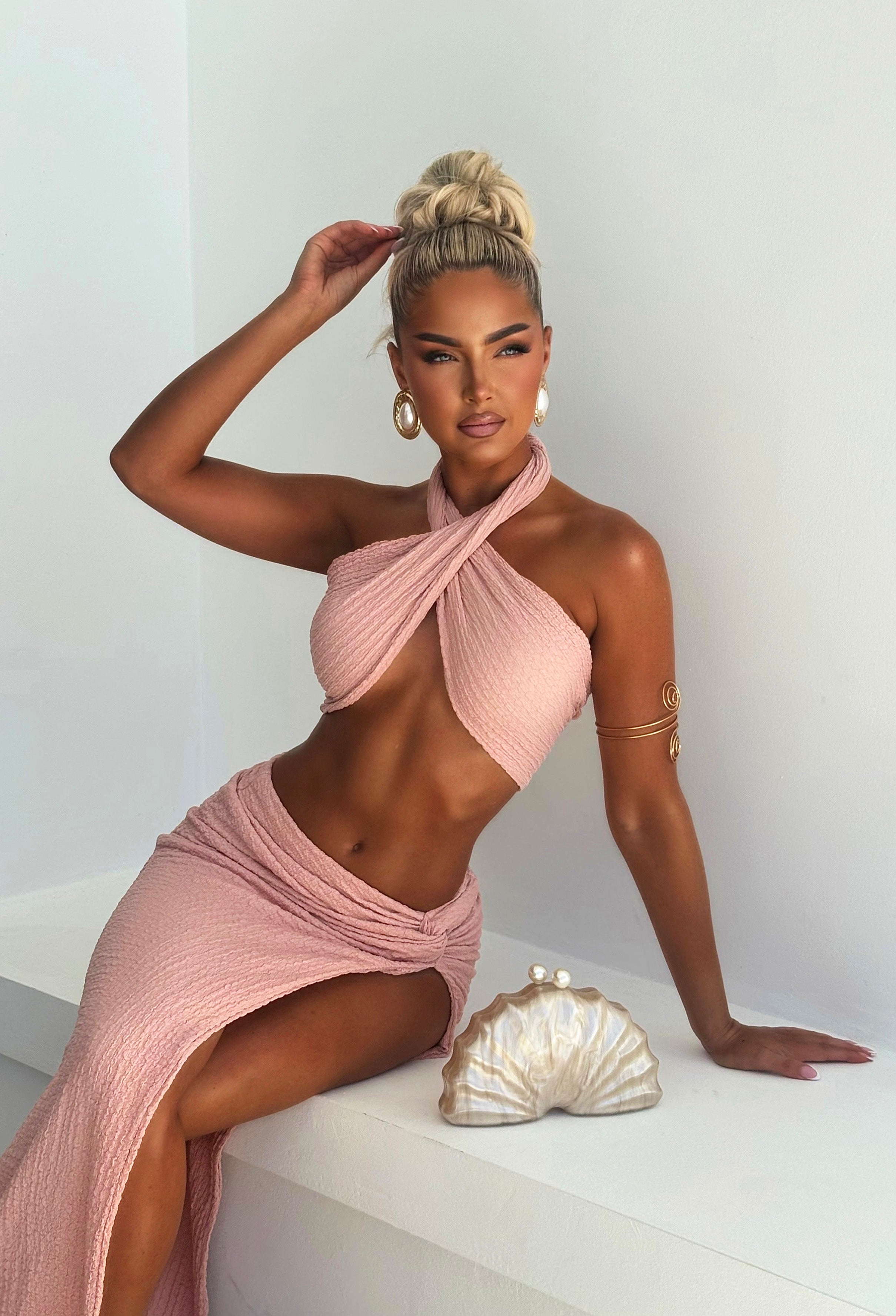 You're My Paradise Dusty Pink Crinkle Detail Halter Co-ord Set