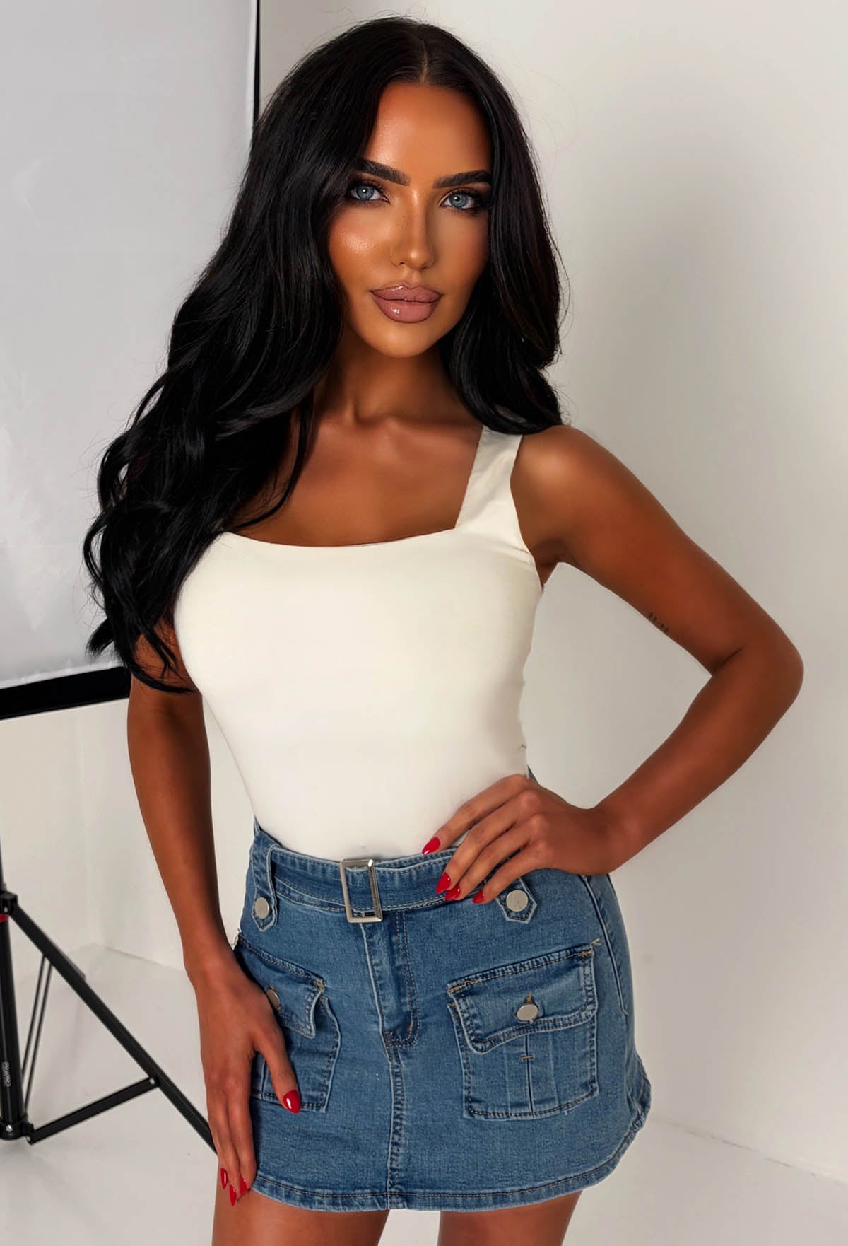 Your Trouble Mid Blue Cargo Belted Stretch Skort