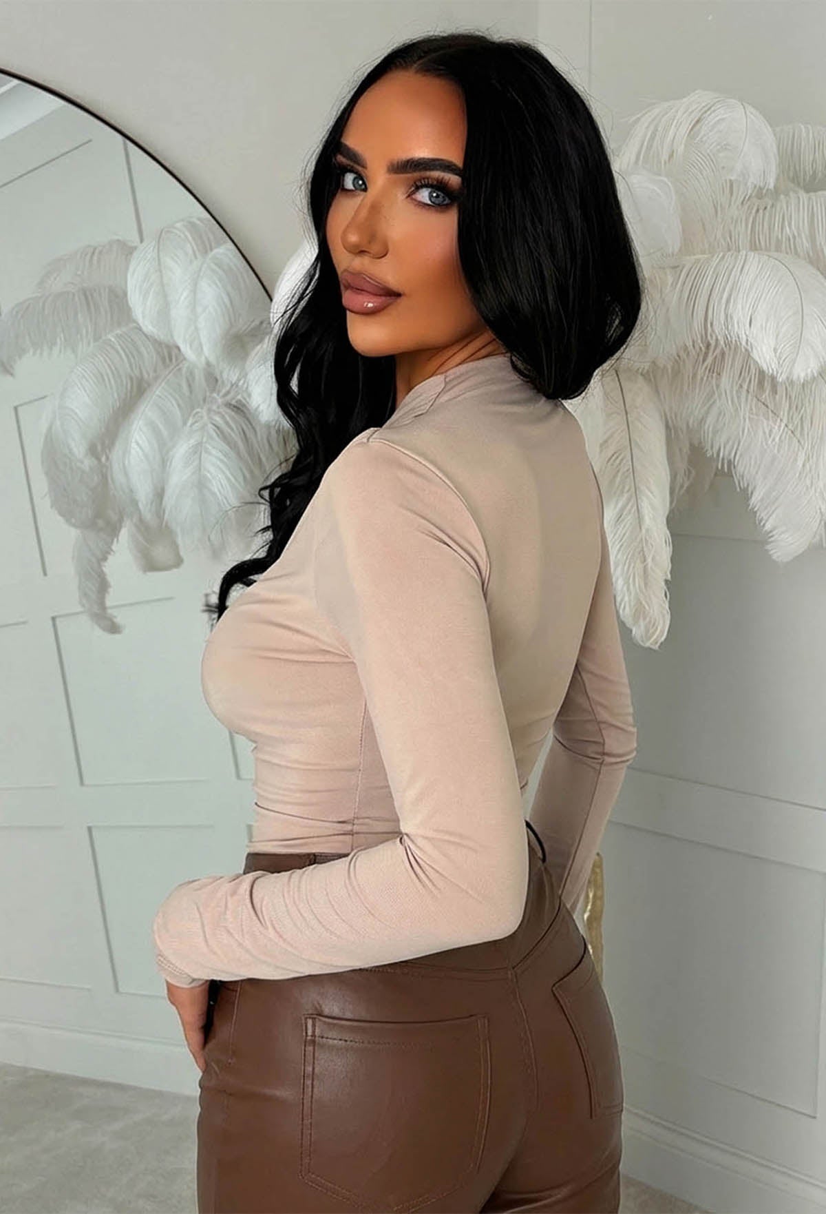 You're On My Agenda Beige Asymmetrical Neck Ruched Top