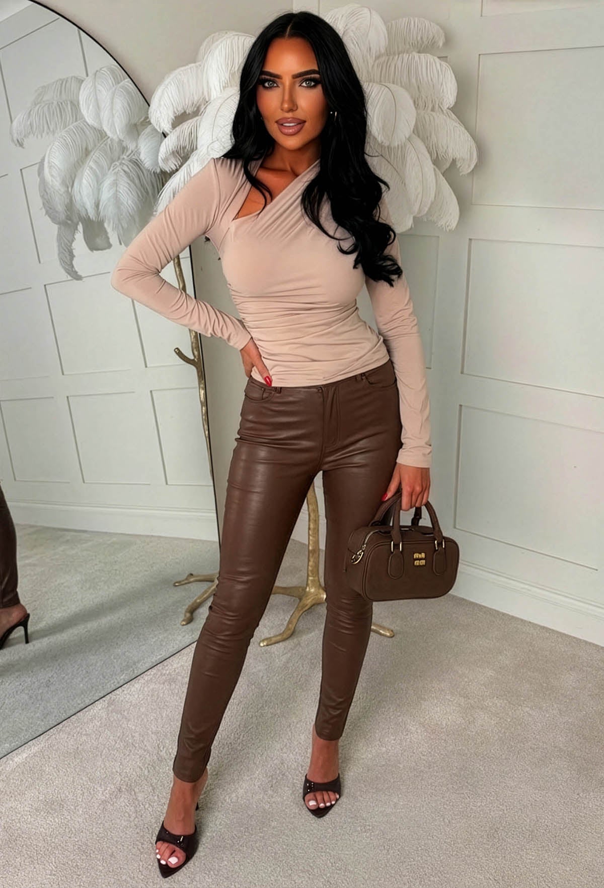 You're On My Agenda Beige Asymmetrical Neck Ruched Top