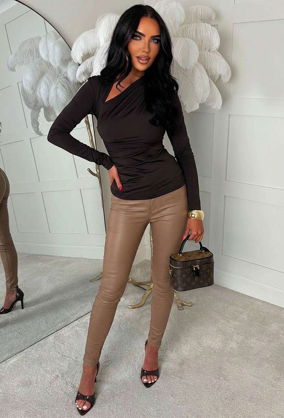 You're On My Agenda Brown Asymmetrical Neck Ruched Top