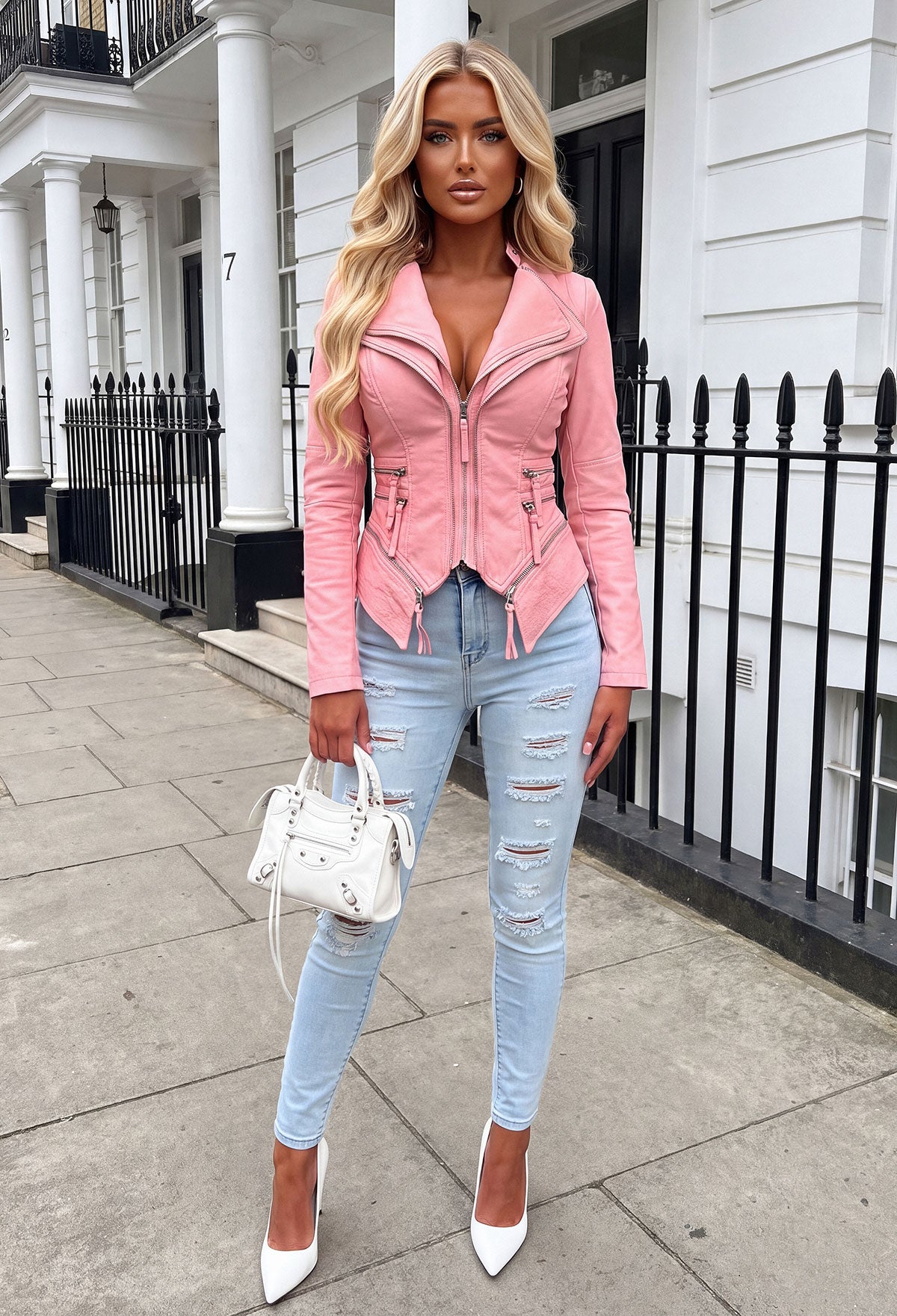 Pink fitted faux leather biker jacket with asymmetric zip fastening, notched collar and zip pocket details.