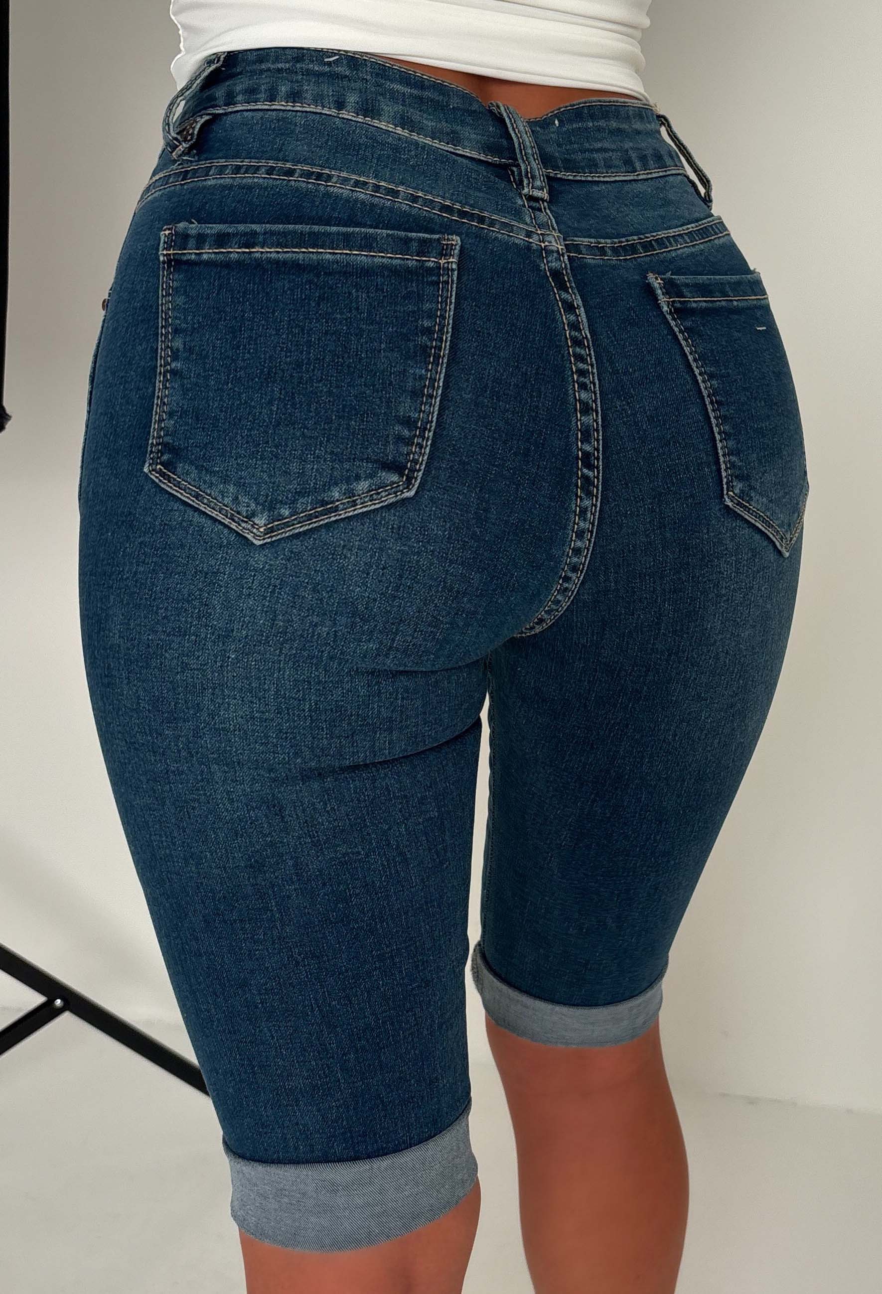 You're Untouchable Mid Wash Stretch Denim Capri Pants With Turn Up's
